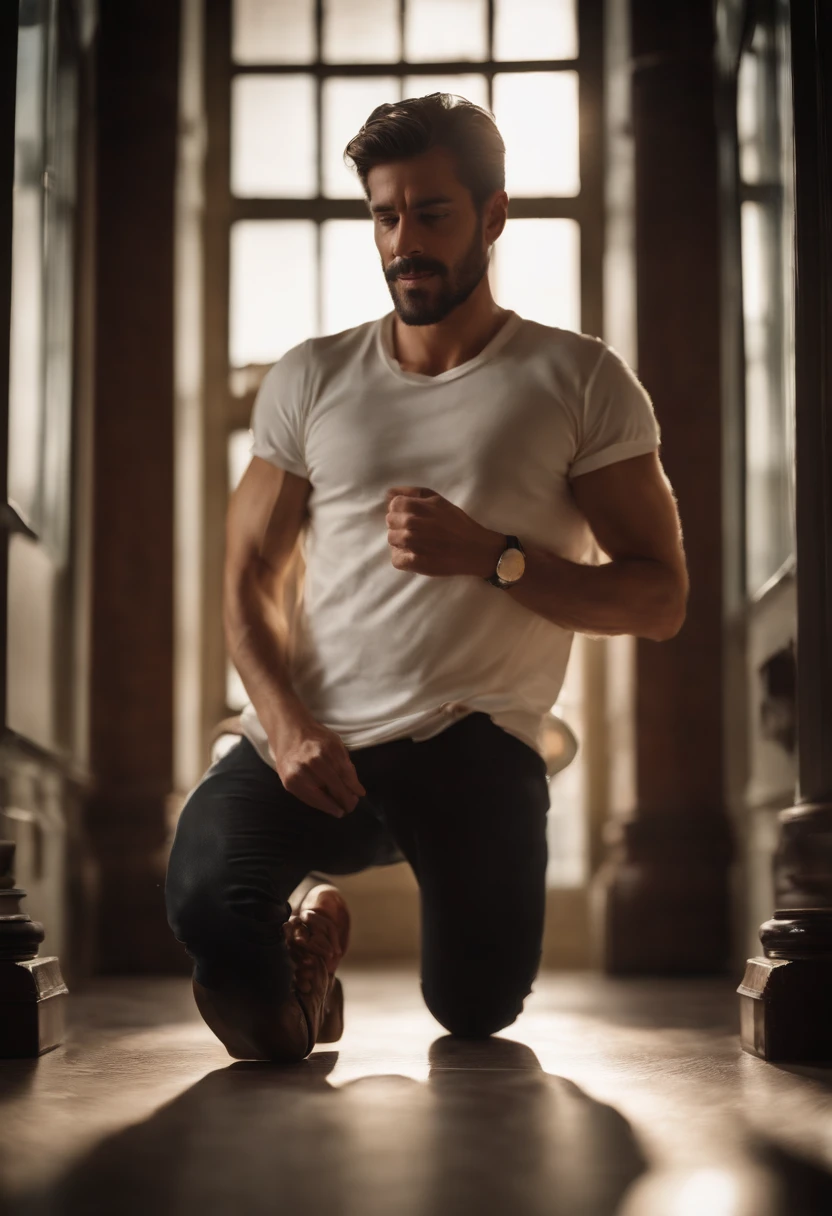(a man), (50 years), (white tshirt) , (Leather shoe), (half body), (soft-lighting), (masterpiece), (best quality), (8k uhd), (DSLR camera), (grain of film), (very detailed), (shot in Canon), 85mm, (shallow depth of field), (real life), (fotography), (kodak vision color), (perfect fit body), (high resolution)
