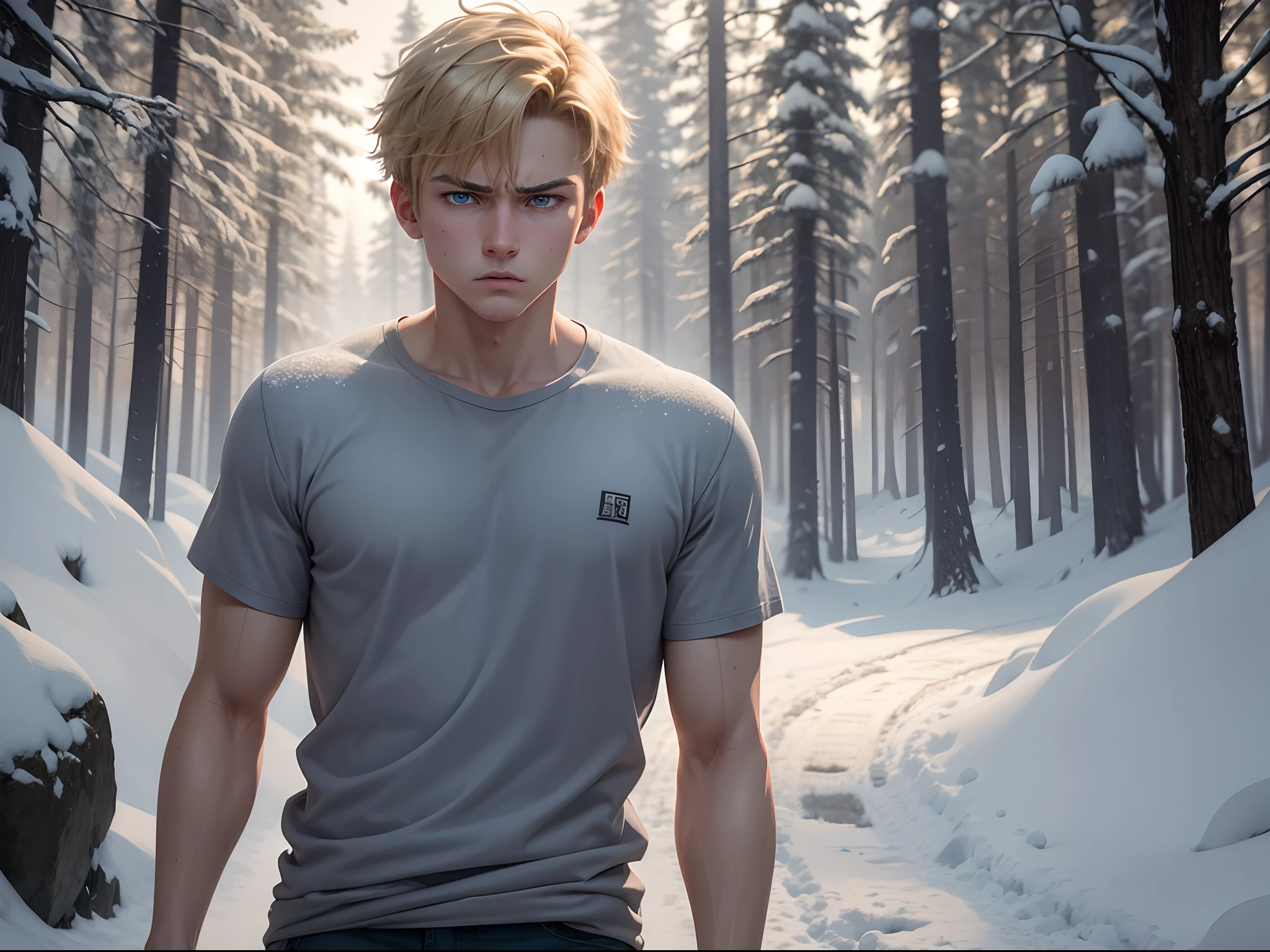 Realistic, 8k image of a -yeld yo man, blond, strong, short hair combed back, blue eyes, square chin, dressed in a gray casual shirt, angry expression, in a clearing in a snow-covered forest, anime style art