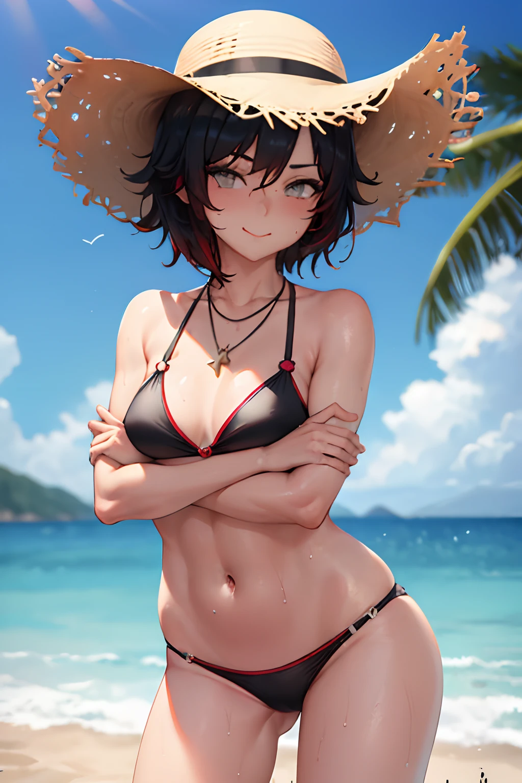 (Masterpiece, Best Quality:1.2), Cowboy shot,sunny beach, 1girl,black colored hair,short hair, sun hat, smile, closed mouth, looking a viewer, crossed arms,red bikini, Jewelry, necklace, small-breasts, slim thighs, Spacer frame, steam, glistering slap, Wet, the sweat,