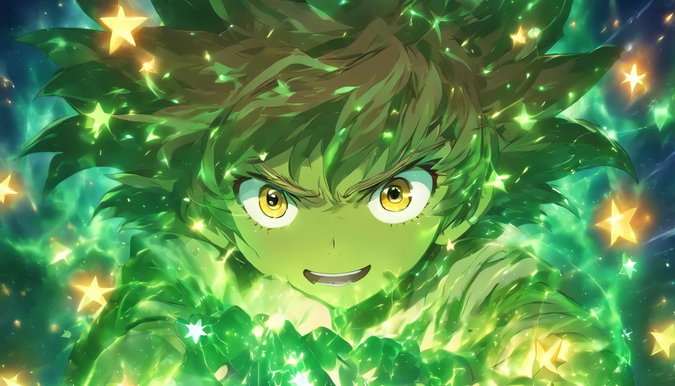 um menino de 7 anos com olhos verdes brilhantes, rosto feliz, Sardas, and shaggy medium-length brown hair, enquanto ele olha, Wide eyes and slightly agape mouth, nas estrelas cintilantes dos antigos, Magic Map, suas bochechas juvenis suavemente iluminadas por sua suavidade, brilho celestial em meio ao sombrio, Mysterious attic full of antique knick-knacks.