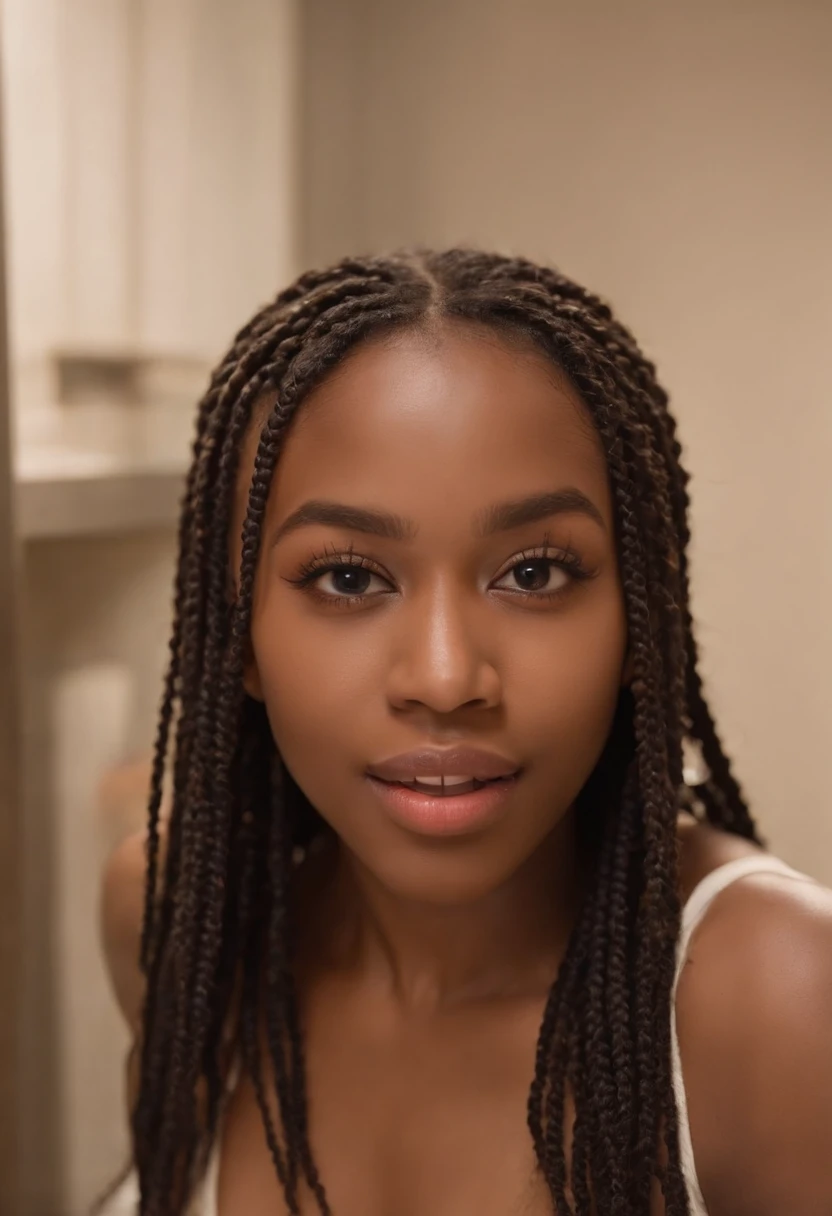 Jeune adolescente, Ebony skin, yeux coquins en amande, mince, Small and cute little ass swollen slightly hairy, black hair with African braids and blonde streaks, corps entier, se prend en selfie devant le miroir de la salle de bain dans la douche. Elle prend un de ses seins en main, mouth open, tongue sticking out and drooling