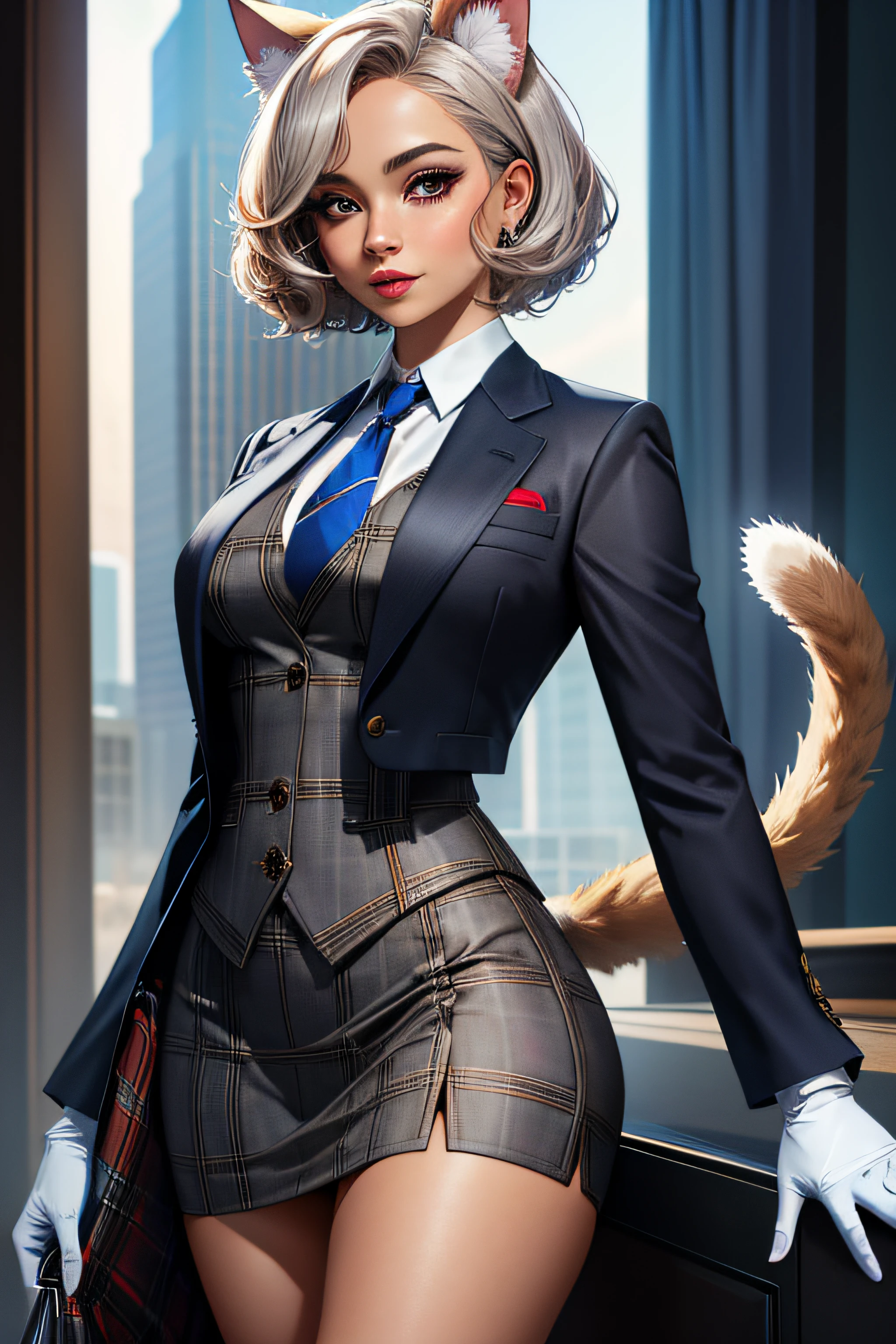 masterpiece, best quality, 1girl, skirt suit, (((three piece suit))), grey plaid suit, necktie, waistcoat, bodycon skirt, tail, cat tail, cat ears, makeup, tie clip, white gloves