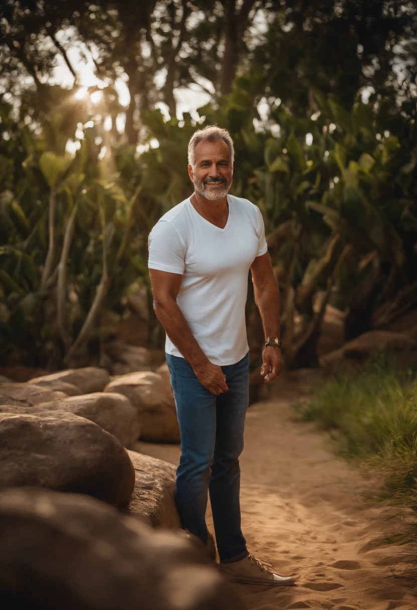 (um homem), (50 anos), (brazilian), (camiseta branca) , (Sapato de couro), (Meio Corpo), (soft-lighting), (master part), (melhor qualidade), (8k UHD), (DSLR Camera), (grain of film), (Very detailed), (Shooting in canon), 85 millimeters, (profundidade de campo rasa), (vida real), (fotografia), (kodak vision color), (corpo de ajuste perfeito), (high resolution)