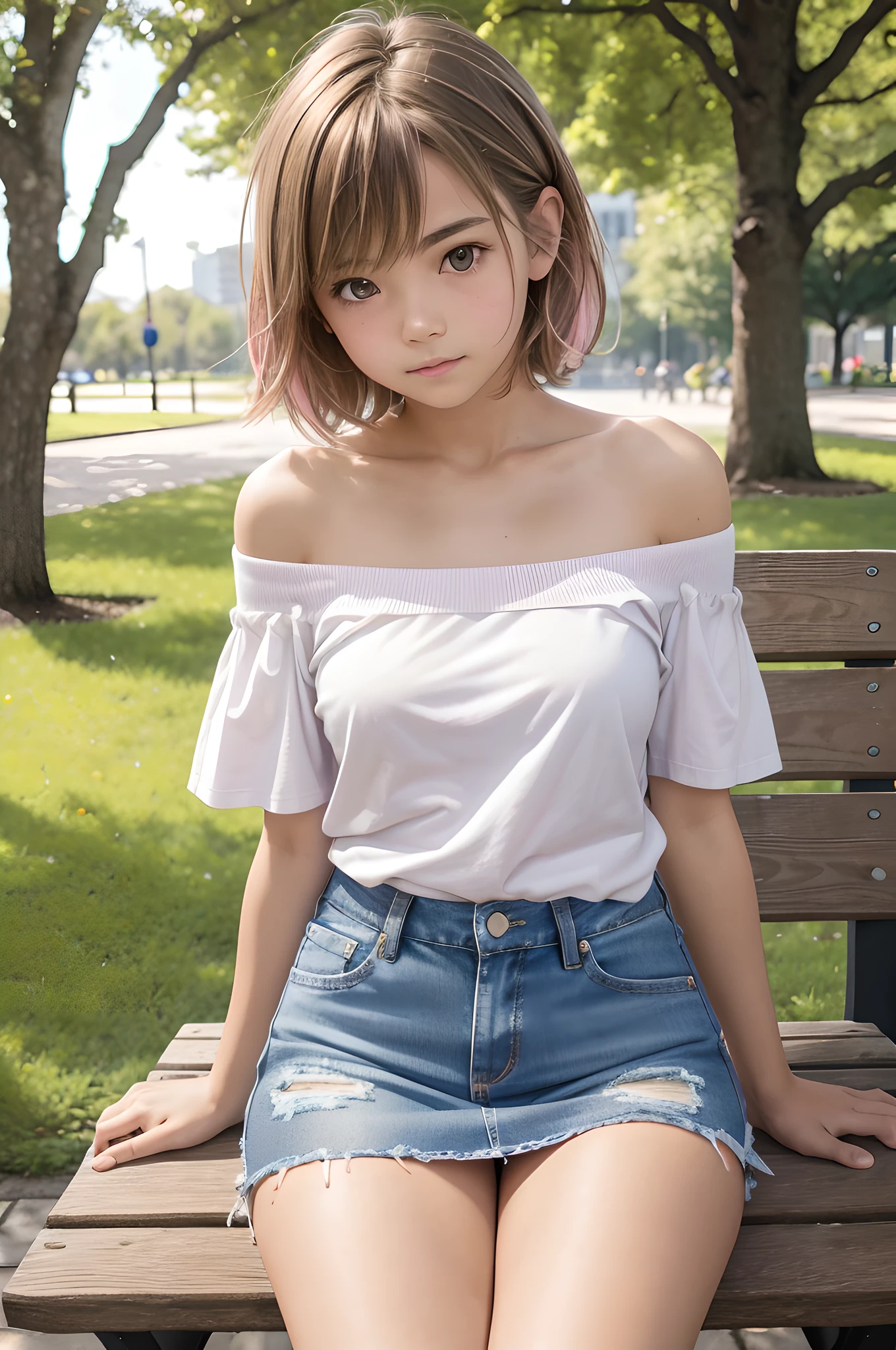 photo of attractive and cute, girl, (Nordic), Light Brown Hair, Streaked Hair, Short Hair, beautiful composition, smooth pink complexion, (white unbuttoned loose fitted off shoulder t-shirt), (blue jeans mini skirt), sitting on the bench on the bench in the park, mid day, flash photography, bokeh, Cannon, 85mm, F/1.4, wide angle lens, perspective, HDR, 4k, UHD