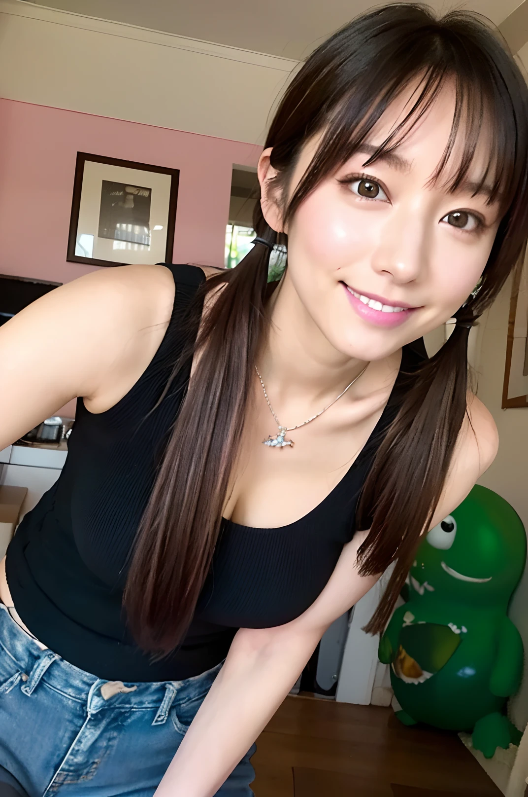((the highest quality、8k、A masterpie:1.3))、a 1girl、Beautiful woman with accentuated slim abs:1.3、(Casual Hairstyles、super boobs:1.4)、gym、underware:1.2、Super Detail Face、delicated eyes、Double eyelidd、soft breasts、a smiling look、Ultra exposed cleavage、All over body