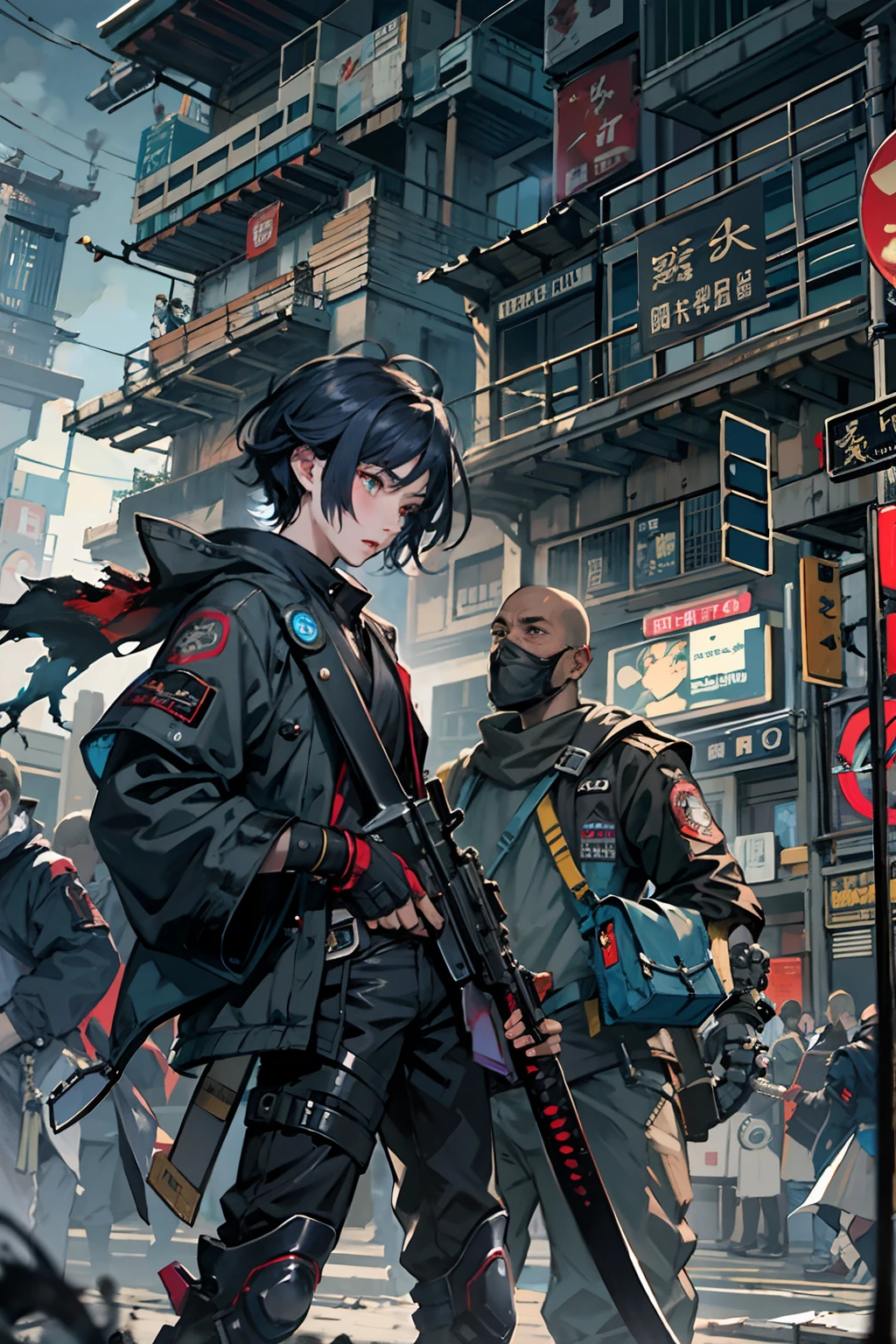 1boy,a 13 yo boy、Cyberpunk Boy、Black attire、katanas,machine gun、Whole body bloody、The beginning of the adventure、Lots of clouds,heavy fog、Chaotic city of the future、ruined and devastated city、dystopian、A very complex group of buildings stands in the center、Highly complex Chinese buildings、Pretty dim lighting、Dark road、puddles、Chaotic landscape、Beautiful and fantastic scenery、Cinematic scenery、hightquality、masutepiece,8K、hight resolution、ultra-detailliert,
