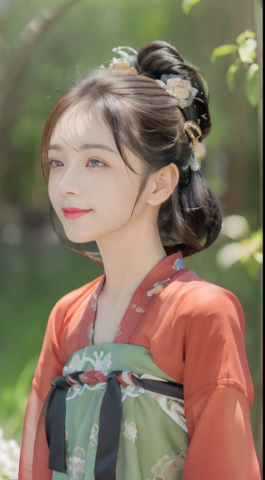 Best quality at best,tmasterpiece,超高分辨率,(photo-realistic:1.4),8K raw photos, A high resolution,Ancient Chinese red Hanfu,Beautiful pattern,beautiful eyes in detail, long eyelasher, RAW photogr, face to the viewer, The upper part of the body, Close-up Shot Shot, ((( Landscape background))),(((1girll))),独奏,Upper body smile,heads,low tune, Beautiful hairstyle,No action，detailed detail，