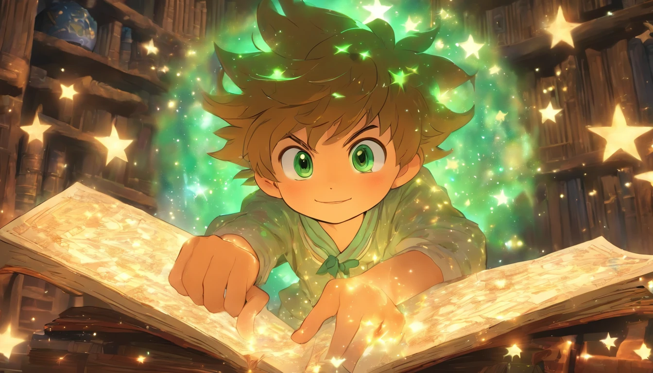 Leo, a young boy with a sprinkle of freckles, vibrant green eyes, and shaggy, chestnut-brown hair, wearing a light-blue pajama set, gently lifts the ancient star map with his delicate hands, revealing a hidden, luminous path, as a subtle breeze stirs the dust and old papers in the dimly lit, enchanting attic, filled with vintage astronomical equipment and old, mystical books.
