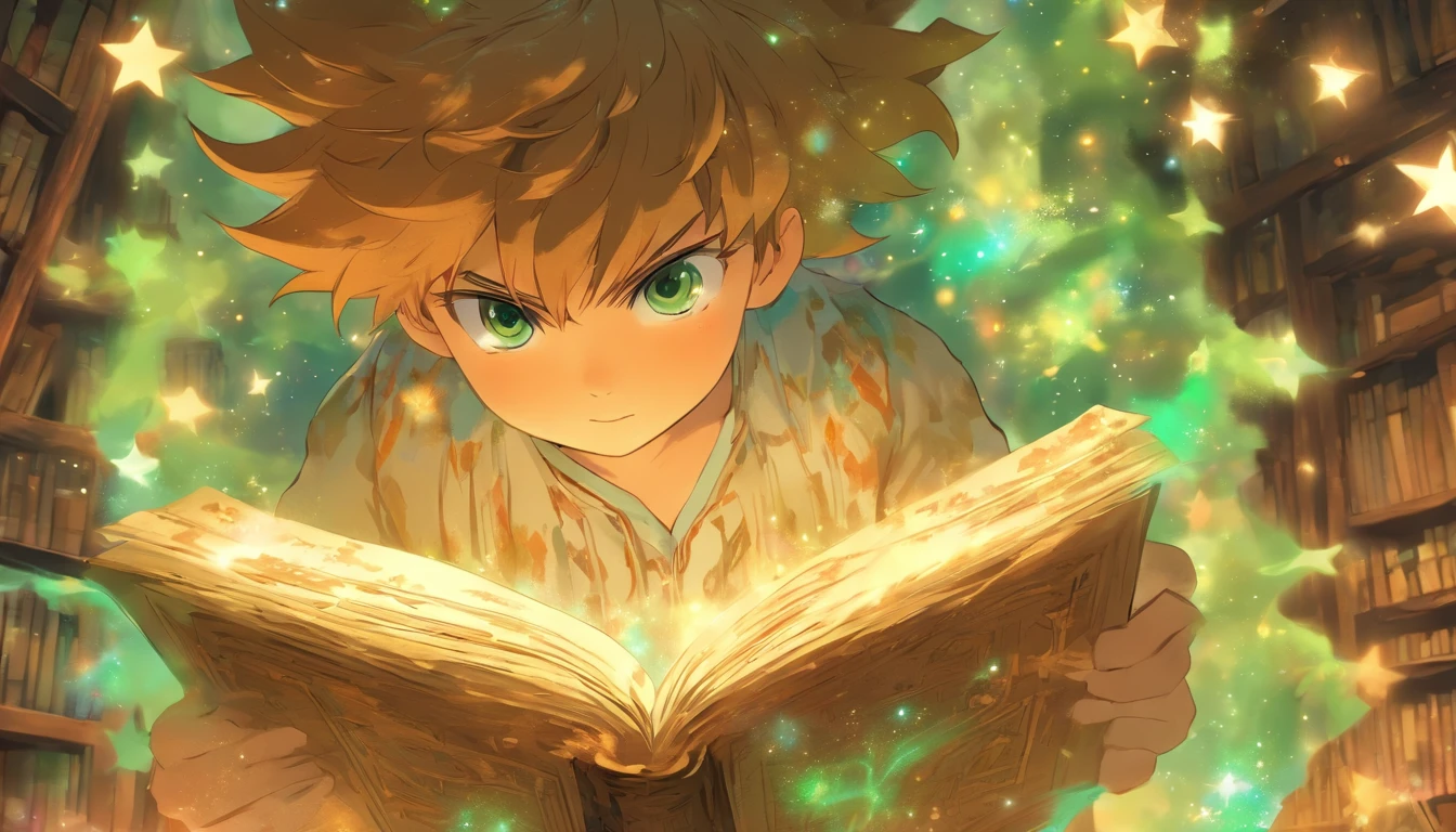 Leo, a young boy with a sprinkle of freckles, vibrant green eyes, and shaggy, chestnut-brown hair, wearing a light-blue pajama set, gently lifts the ancient star map with his delicate hands, revealing a hidden, luminous path, as a subtle breeze stirs the dust and old papers in the dimly lit, enchanting attic, filled with vintage astronomical equipment and old, mystical books.
