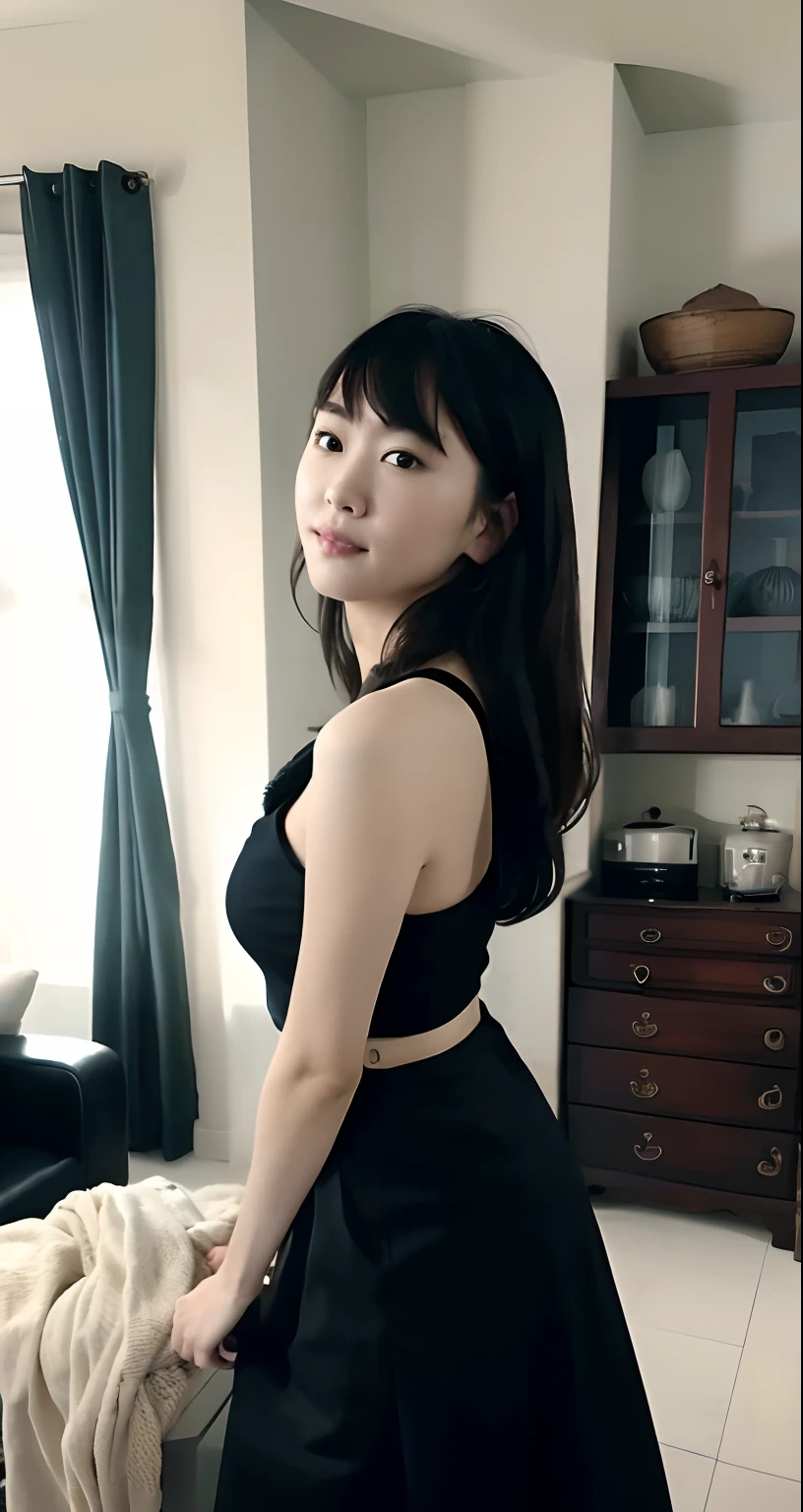(gakki:0.9),(masterpiece),(best quality:1.0), (ultra highres:1.0), detailed, sfw, masterpiece, delicate, elegance, best quality, finely detailed, colorful, intricate details, (8K:1.1), (Ultra High Res), solo:1.9, 1girl: Generate me a Vietnamese girl. She works out but too not muscular. She has nice butt She has a cute face. She is standing in the living room but with a black dress. She has long long hair.