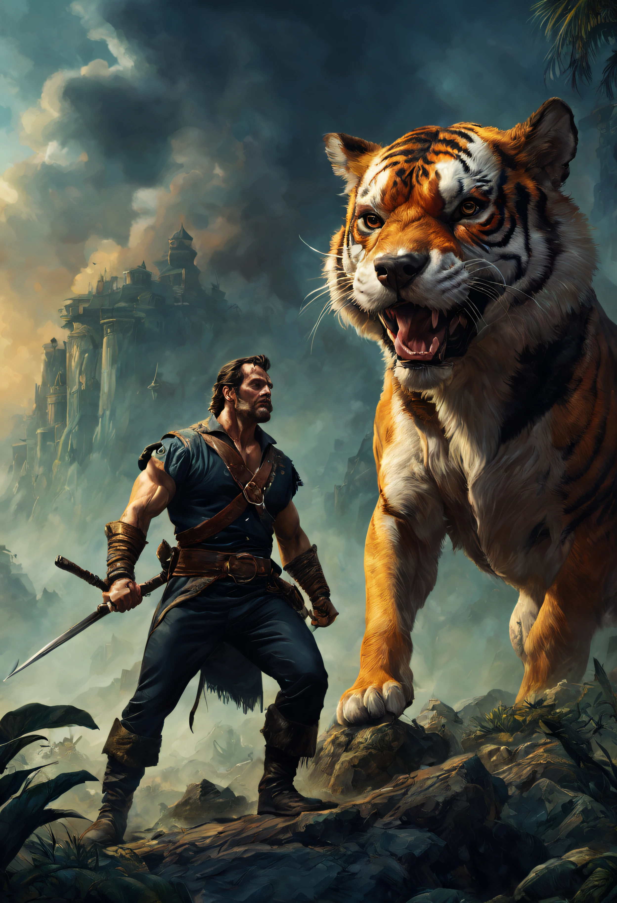 graphic violent fantasy art, in the art style of Frank Frazetta, Henry Cavill as Beagle-Man, anthropomorphic, from the movie 'the Island of Dr Moreau,' with tiger skin, 32k UHD, hyper realistic, photorealistic, realistic, lifelike, real life, extremely detailed, sharp, vibrant, colorful, smokey, violent, graphic, beautiful, amazing, artistic, wonderful, powerful, swashbuckling,
