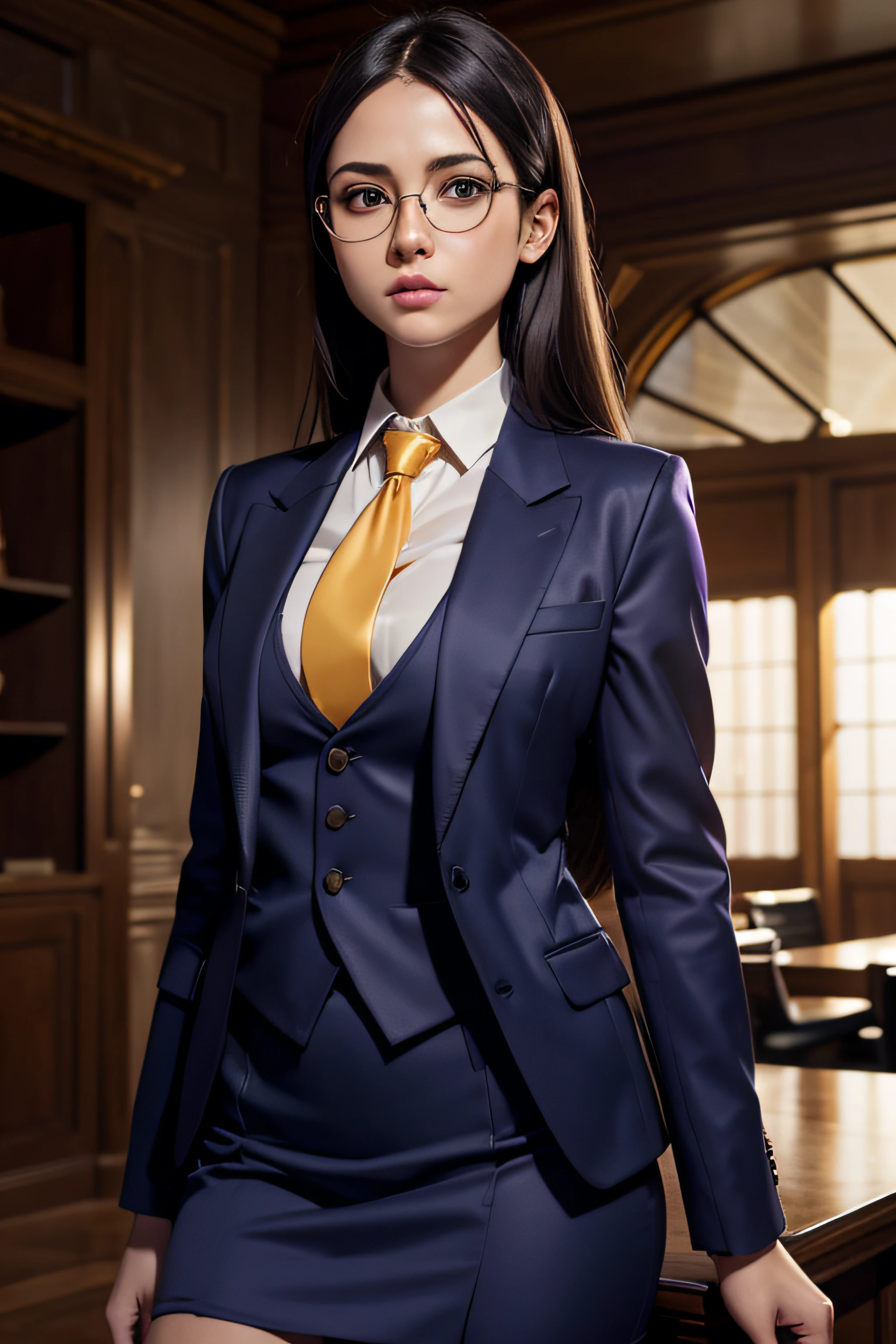 realistic, realism, photorealism, photo-realistic, high contrast, (photorealistic:1.4), 8k high definition detailed realistic, (best quality, masterpiece:1.2), NSFW, photon mapping, radiosity, physically-based rendering, best quality, highly detailed, 1girl, blue skin, owwm, long hair, business suit, (((three-piece suit))), navy skirt suit, blazer, waistcoat, dark shirt, purple silk necktie, bodycon miniskirt, tight clothing, fully clothed, yellow eyes, glasses,