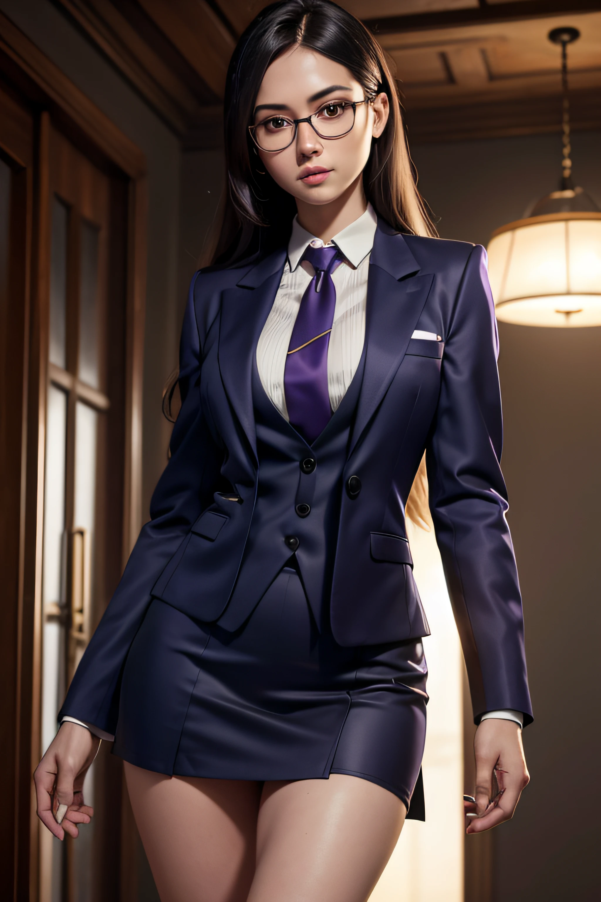 realistic, realism, photorealism, photo-realistic, high contrast, (photorealistic:1.4), 8k high definition detailed realistic, (best quality, masterpiece:1.2), NSFW, photon mapping, radiosity, physically-based rendering, best quality, highly detailed, 1girl, blue skin, owwm, long hair, business suit, (((three-piece suit))), navy skirt suit, blazer, waistcoat, dark shirt, purple silk necktie, bodycon miniskirt, tight clothing, fully clothed, yellow eyes, glasses,