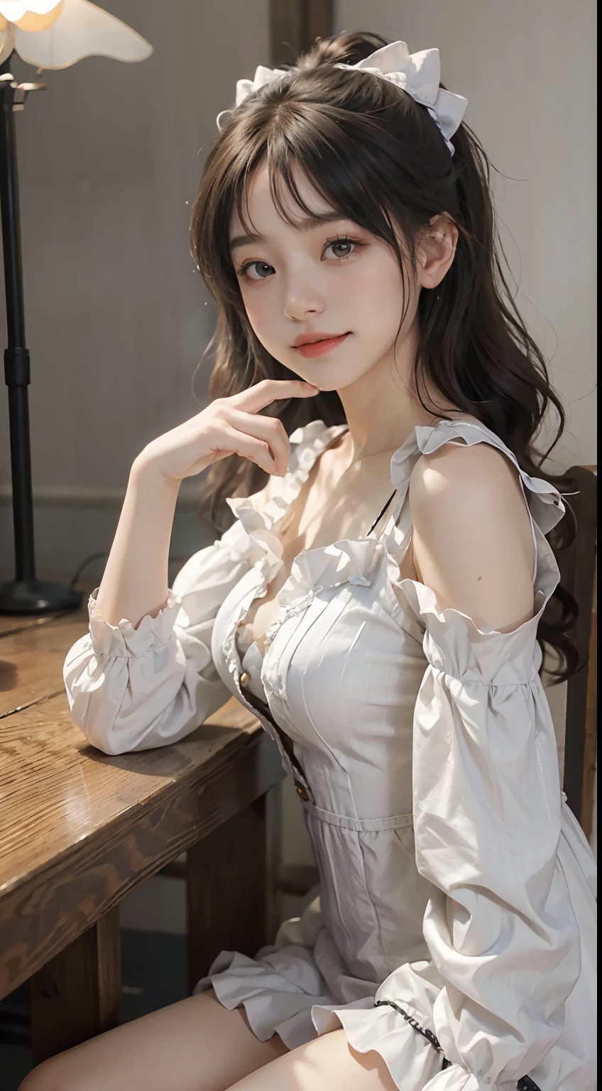 14years, Adorable, Japan Girl, 14years,Smile,Curtsey, (frilled white dress:1.2) , hair scrunchie, Twin-tailed , (High color saturation,catchlight:1.0), (highlydetailed skin), (Best Quality:1.0), (超A high resolution:1.0) ,(photographrealistic:1.0), (ultra-detailliert:1.0), (8K, Raw photo:1.1), ( downbrouse:1.0),(See-through)