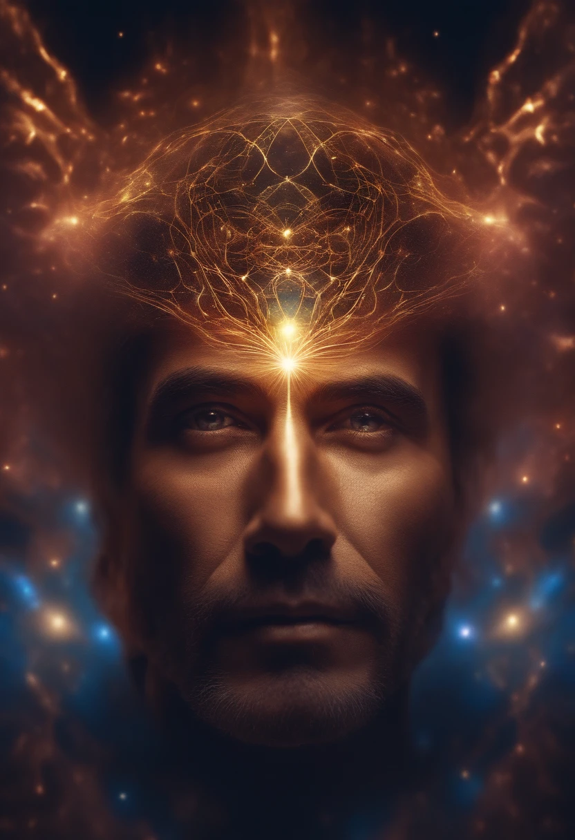 face of mystic man, being of light, in the middle of the universe, astral body, with aura around, 4k