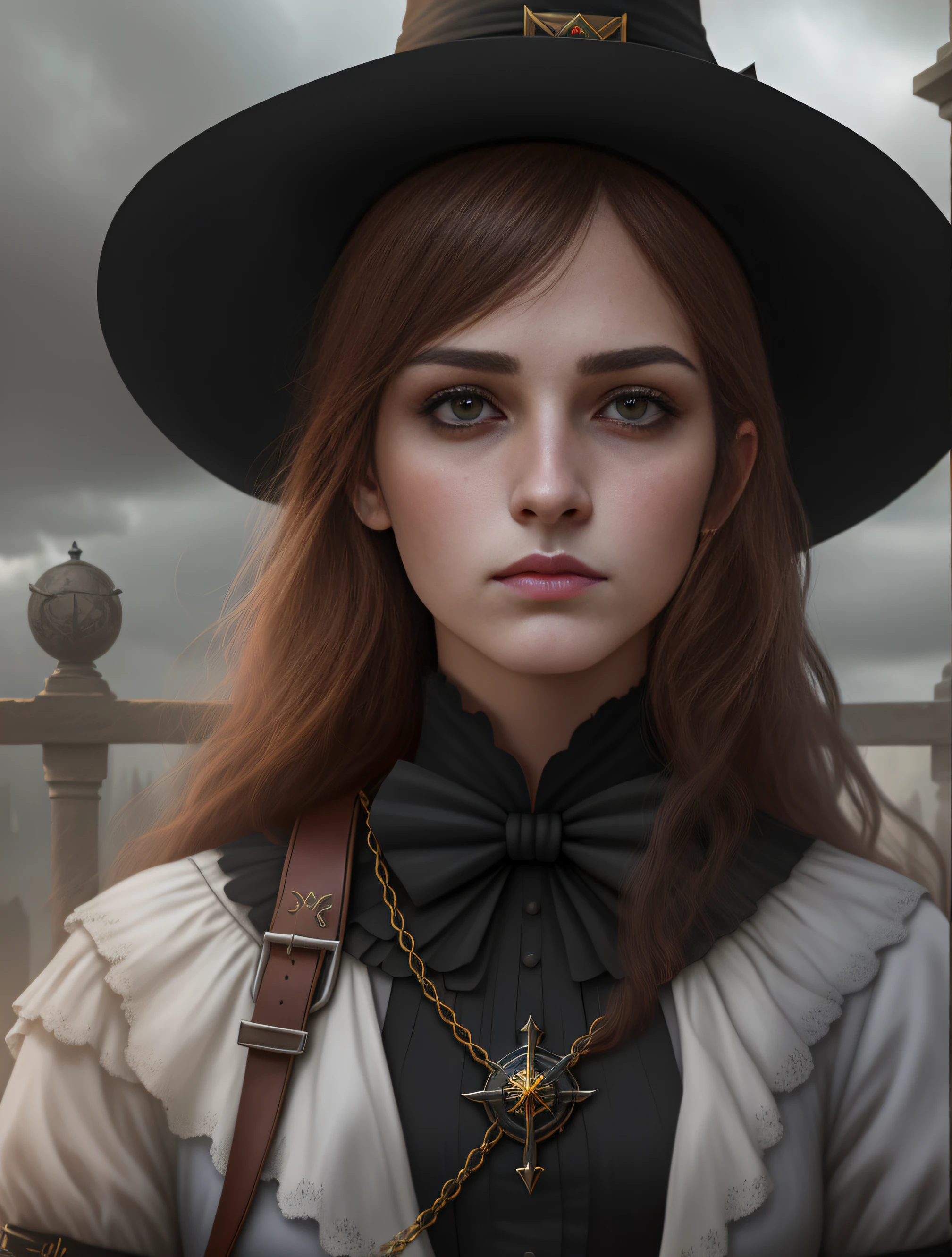 Hay una mujer con un sombrero y una cruz en el fondo, Retrato de una joven bruja, Retrato de una joven bruja, Obras de arte al estilo de Guweiz, classical witch, Render fotorrealista de Anime Girl, Karol Bak de Emma Watson Nun, Retrato de una bruja, dark fantasy mixed with realism, realistic fantasy render, Renderizado retrato 8K