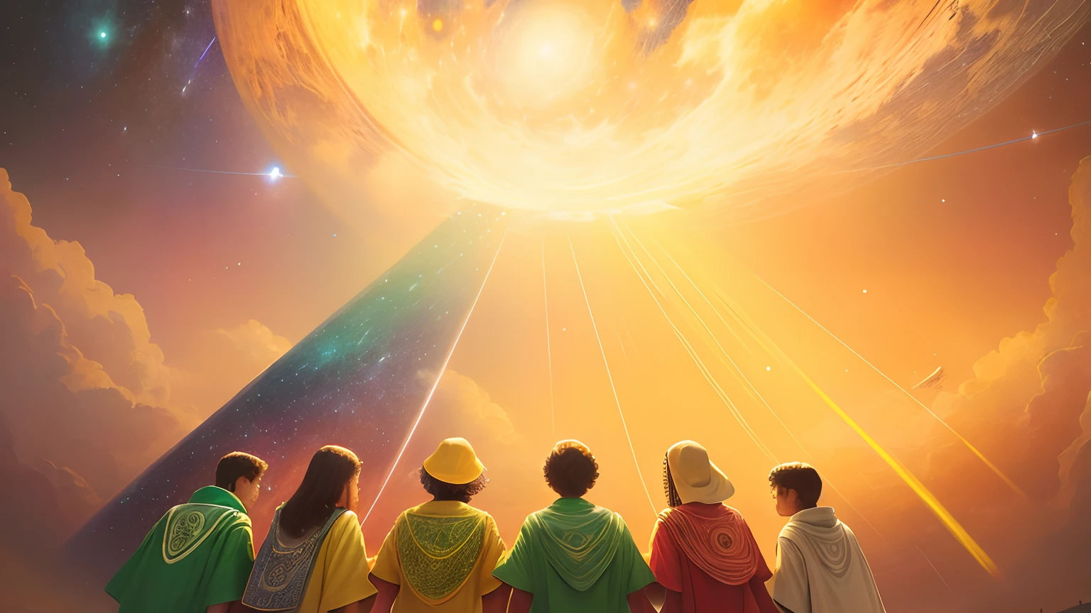 Masterpiece, best quality, very beautiful detailed starry sky with different colored and size planets spinning in it, very detailed people from the back look at the sky, they wear tribal green and yellow clothes, they all hold each other’s hands, they are happy, very detailed anatomically correct faces, heads and fingers