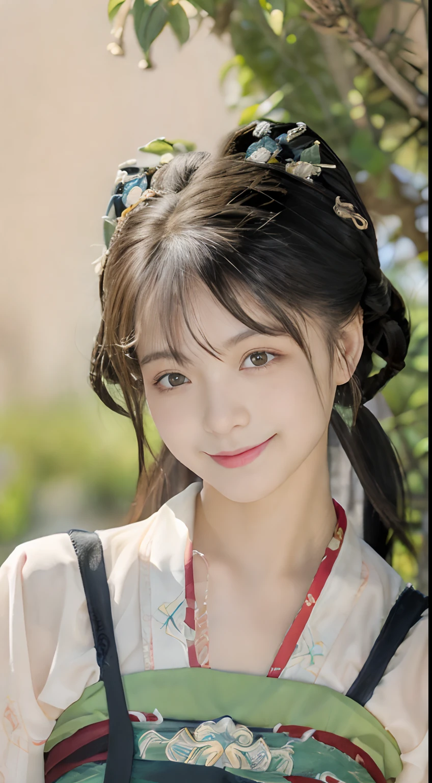 Best quality at best,tmasterpiece,超高分辨率,(photo-realistic:1.4),8K raw photos, A high resolution,Ancient Chinese red Hanfu,Beautiful pattern,beautiful eyes in detail, long eyelasher, RAW photogr, face to the viewer, The upper part of the body, Close-up Shot Shot, ((( Landscape background))),(((1girll))),独奏,Upper body smile,heads,low tune, Beautiful hairstyle,No action,detailed detail,