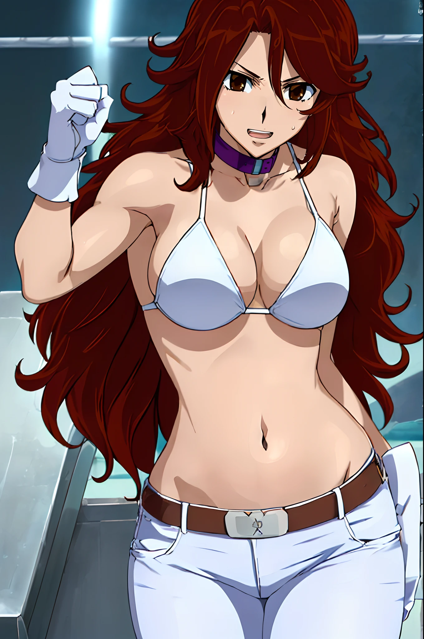 curvy midsection, solo, 1 girl, ultra toned arms, sweating very nuch, tired, smile, breathing heavily), (detailed titration screen, upper body only, anime style: 1.8, anime drawing, ultra detailed face, ultra detailed body, 4k, Sumergai Lee Noriega, (standing), best quality, anime style, hires, highest definition, digital blending, bold drawing lines, ((wwe diva), (location: wrestling arena, crowds watching), ( slim body, (little biceps), , off-shoulders, closed fists, (very curvy: 2.8)), ((white bikini only, jeans, white gloves, collar, hand protector, (champion belt on bare belly))), (pale skin, big breasts, widely open mouth, teeth), (big eyes, brown eyes), (leaning forward), (brown hair, loose hair, curly hair, wavy hair, long hair, missy hair), 27 years old,