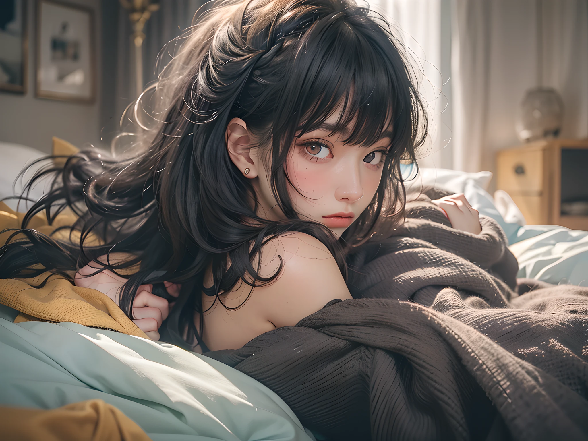 best quality, masterpiece, ultra high res, RAW, 8k, ultra-realistic, young girl, offshoulder, confused expression, very warm light, flawless skin, (black hair:1.4), (((bad hair:1.4))), (Bangs:1.2), ((in bed)), extremely beautiful eyes, (dark eyes:1.4), just woke up, wrapped in blanket, colorful bed