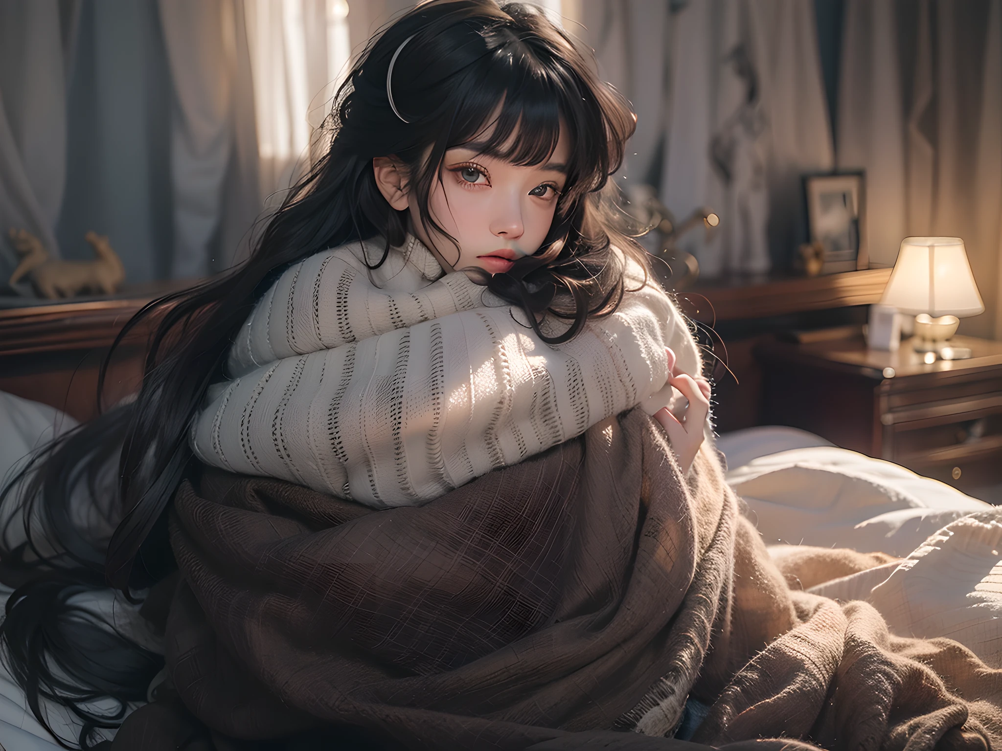 A masterpie, beste Quality, 1 Girls, blackhair, scarf, The hat, Realstic, looking at camera, green eyes, short hairs, coat, Winter clothes, White scarf, White teeth with open mouth、s lips、bangs、inside the house、in a bedroom、(((Close your eyes and yawn loudly)))、(lying at the bed)、Wet light clothes、hand on the crotch