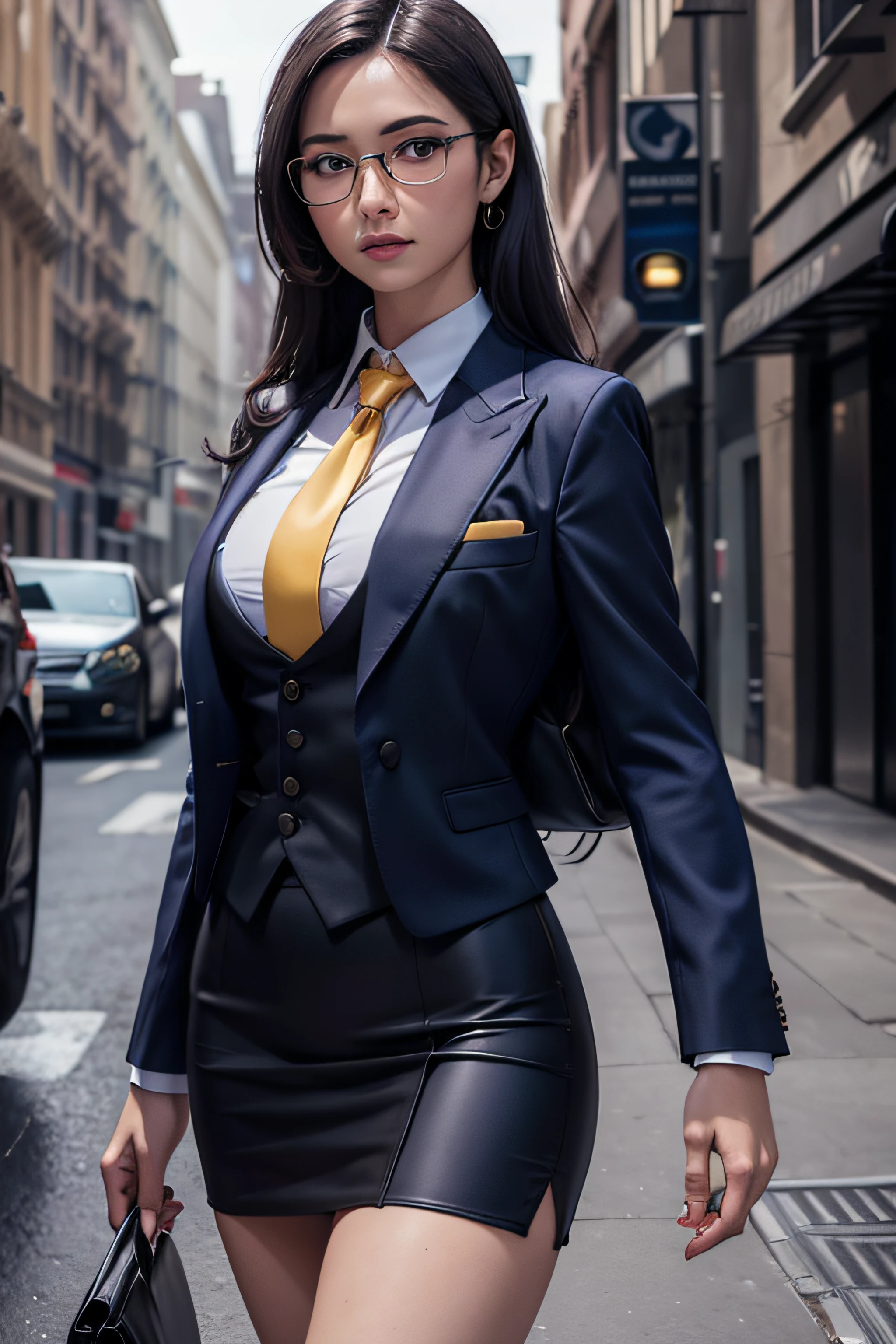 realistic, realism, photorealism, photo-realistic, high contrast, (photorealistic:1.4), 8k high definition detailed realistic, (best quality, masterpiece:1.2), NSFW,  photon mapping, radiosity, physically-based rendering, best quality, highly detailed,  1girl, blue skin,  owwm, long hair, business suit, (((three-piece suit))), navy skirt suit, blazer, waistcoat, dark shirt, purple silk necktie, bodycon miniskirt, tight clothing, fully clothed, yellow eyes, glasses,