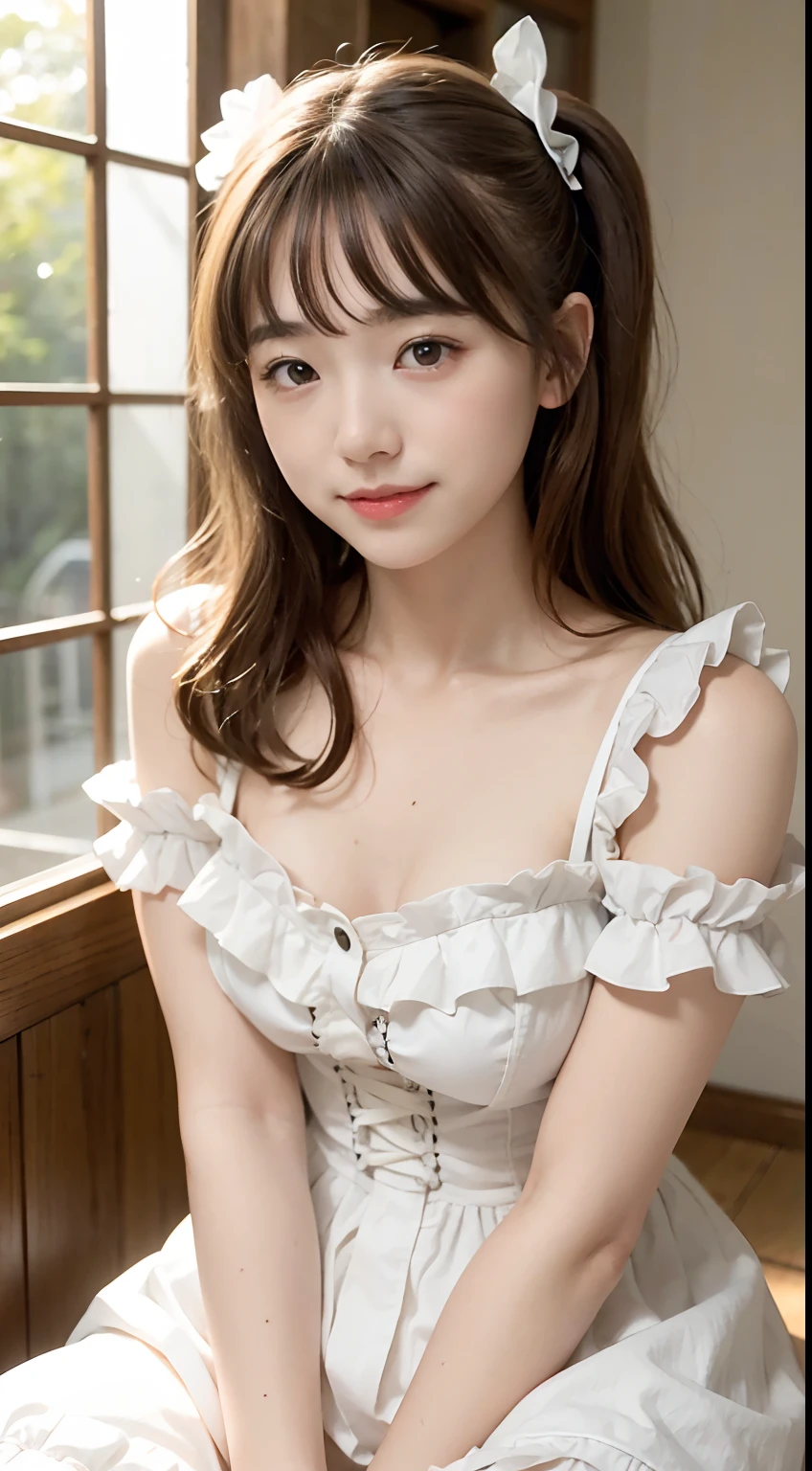 8K highest quality、(beautiful)、Brown Hair、looking at the camera、Soft 、smile、Brown mini maid outfit、frilly maid headband、