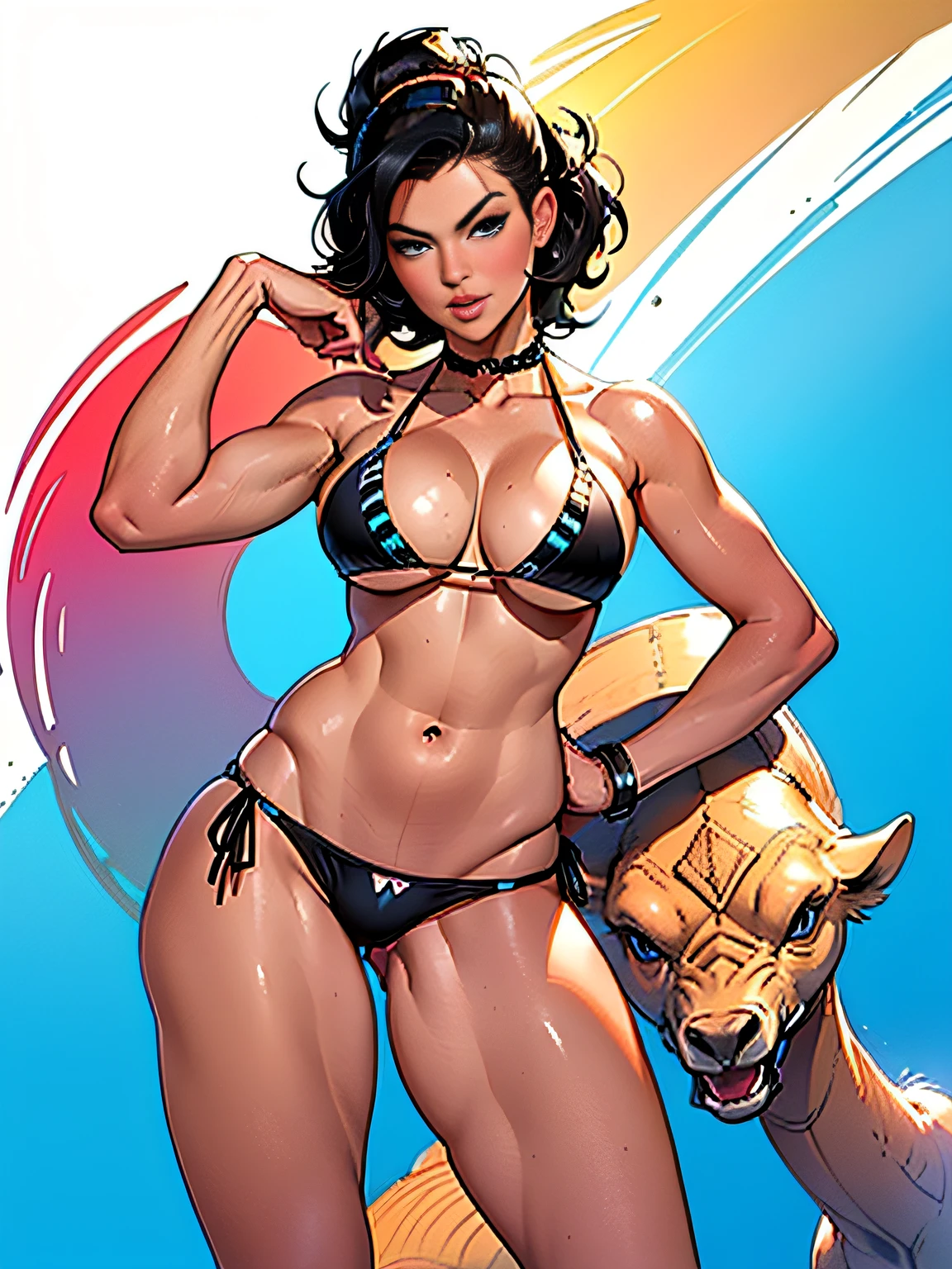(high quality, best rendering), (beautiful woman, black haired, blue-eyed), (bombshell, pin-up style), psychopath, crazy face, sexy pose, ((bikini bottoms only)), ((no top)),pastel, centered, scale to fit dimensions, micro thong, micro bikini, camel toe