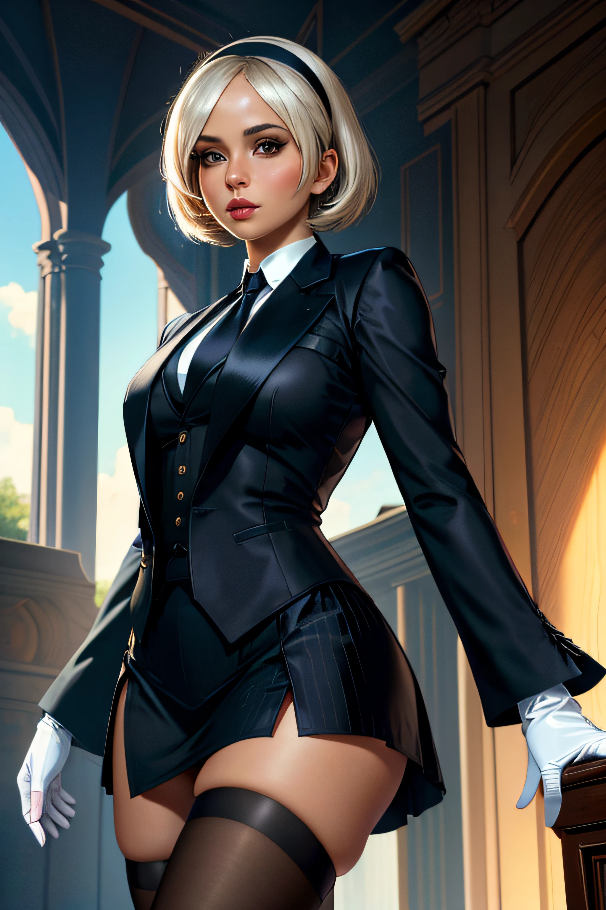 masterpiece, best quality, 1girl, 2b (nier), skirt suit, (((three piece suit))), dark suit, blazer, necktie, waistcoat, bodycon miniskirt, makeup, tie clip, white gloves, bob haircut, hairband,