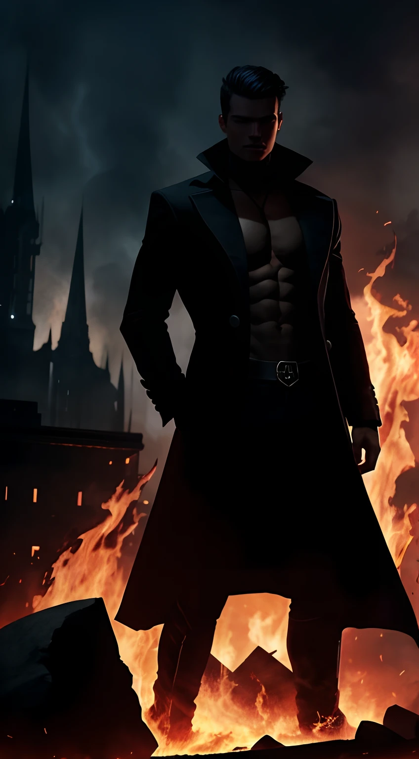 imaginar: closeup of a silhouette of a shirtless young villain, in black pants and black overcoat, his body imbued with fire and dark mist. Ao fundo, They have the destruction of a city and a dark black mist surrounding the place, Fire on the Ground.