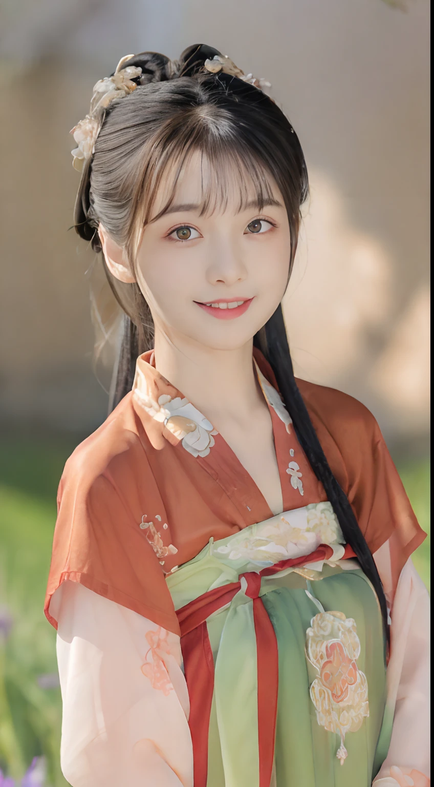 Best quality at best,tmasterpiece,超高分辨率,(photo-realistic:1.4),8K raw photos, A high resolution,Ancient Chinese red Hanfu,Beautiful pattern,beautiful eyes in detail, long eyelasher, RAW photogr, face to the viewer, The upper part of the body, Close-up Shot Shot, ((( Landscape background))),(((1girll))),独奏,Upper body smile,heads,low tune, Beautiful hairstyle,No action，detailed detail，