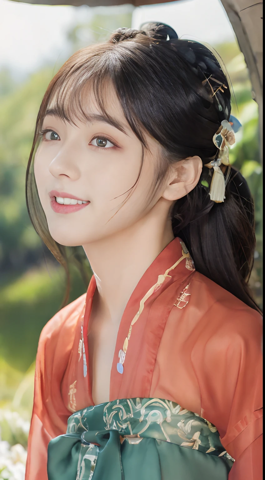 Best quality at best,tmasterpiece,超高分辨率,(photo-realistic:1.4),8K raw photos, A high resolution,Ancient Chinese red Hanfu,Beautiful pattern,beautiful eyes in detail, long eyelasher, RAW photogr, face to the viewer, The upper part of the body, Close-up Shot Shot, ((( Landscape background))),(((1girll))),独奏,Upper body smile,heads,low tune, Beautiful hairstyle,No action，detailed detail，