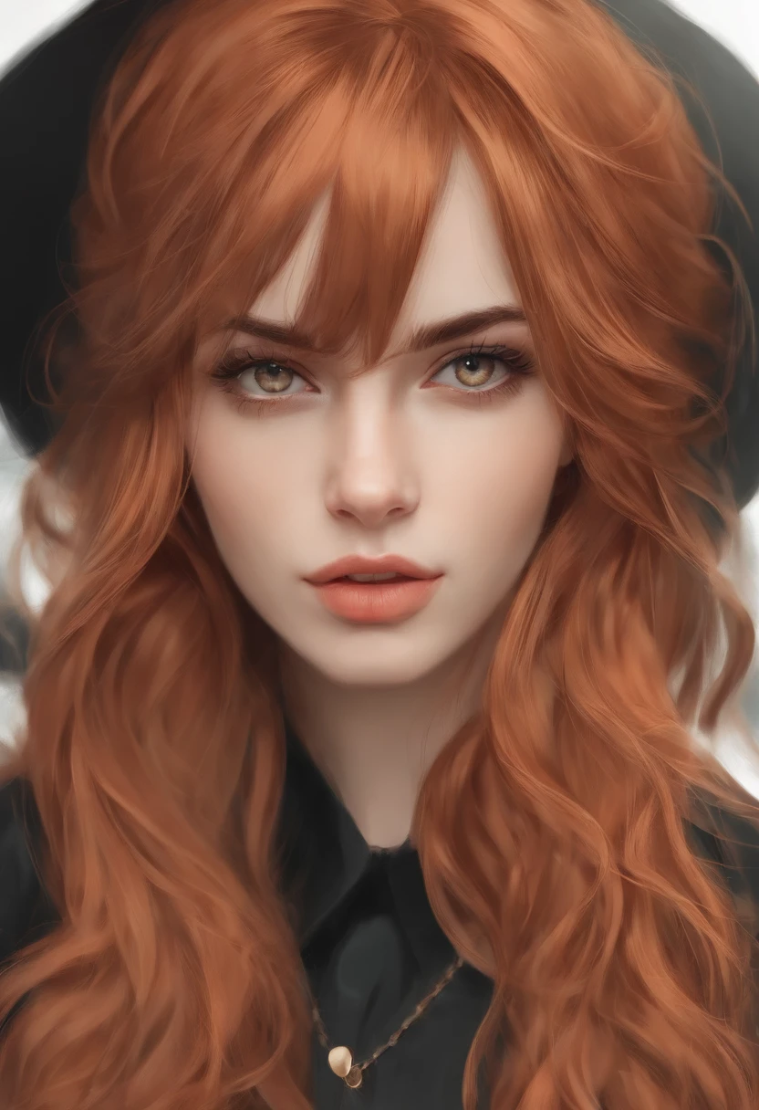1woman; 20 anos; retrato de uma mulher ruiva; cabelo ruivo longo; olhos vermelhos; roupas pretas; close-up rosto; expression serious, cabelo longo ruivo; fundo branco simples; estilo anime; roupas pretas; vestimentas de cor preta; retrato de uma mulher; 1young woman.