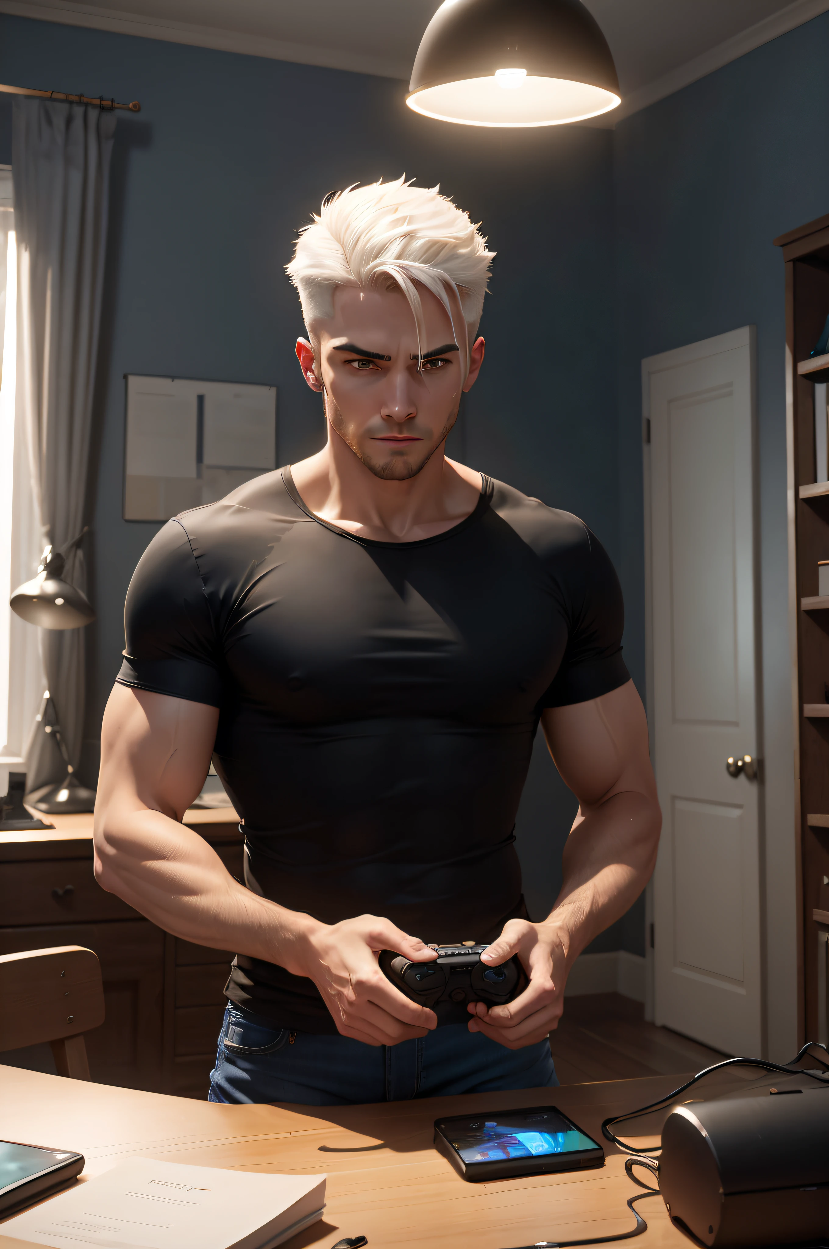 The man is white, com cabelos castanhos curtos e olhos castanhos. He's wearing a black T-shirt and jeans, The video game is a next-generation console, com uma tela grande e vibrante, The game is an action or adventure game, with realistic graphics, Man is playing with a wireless game controller, The room is illuminated by a desk lamp.