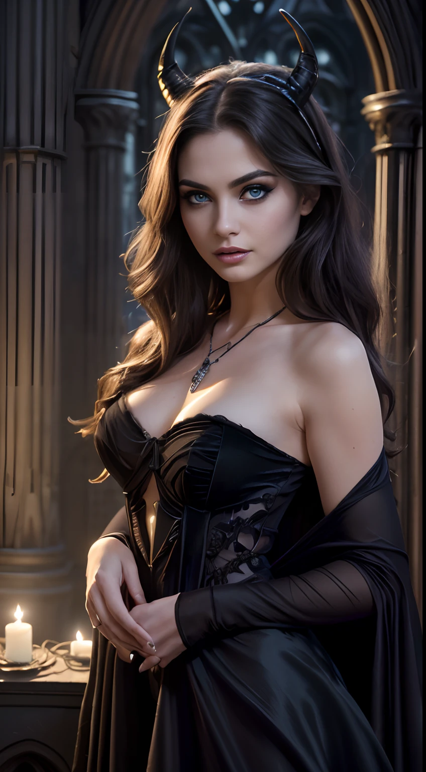 masterpiece, best quality, ultra-detailed, high resolution, extremely detailed, (Full Body Shot:1.3), (sharp focus:1.2), photo, attractive young female model, beautiful, 22 years old, (blue eyes:1.4), dark hair, caucassian, long hair, (beautiful face:1.1), detailed eyes, luscious lips, (spooky:1.2) (smokey eye makeup:1.4), (smile:1.2), wearing (necklace:1.2),(black velvet off the shoulder, sleeveless dress:1.2), ( black deamond horns:1.2) on a (deep dark night:1.8), (gothic cathedral:1.4), depth of field, bokeh, 4K, HDR. by (James C. Christensen:1.2|Jeremy Lipking:1.1), (soft light:1.9), (natural light:1.5)