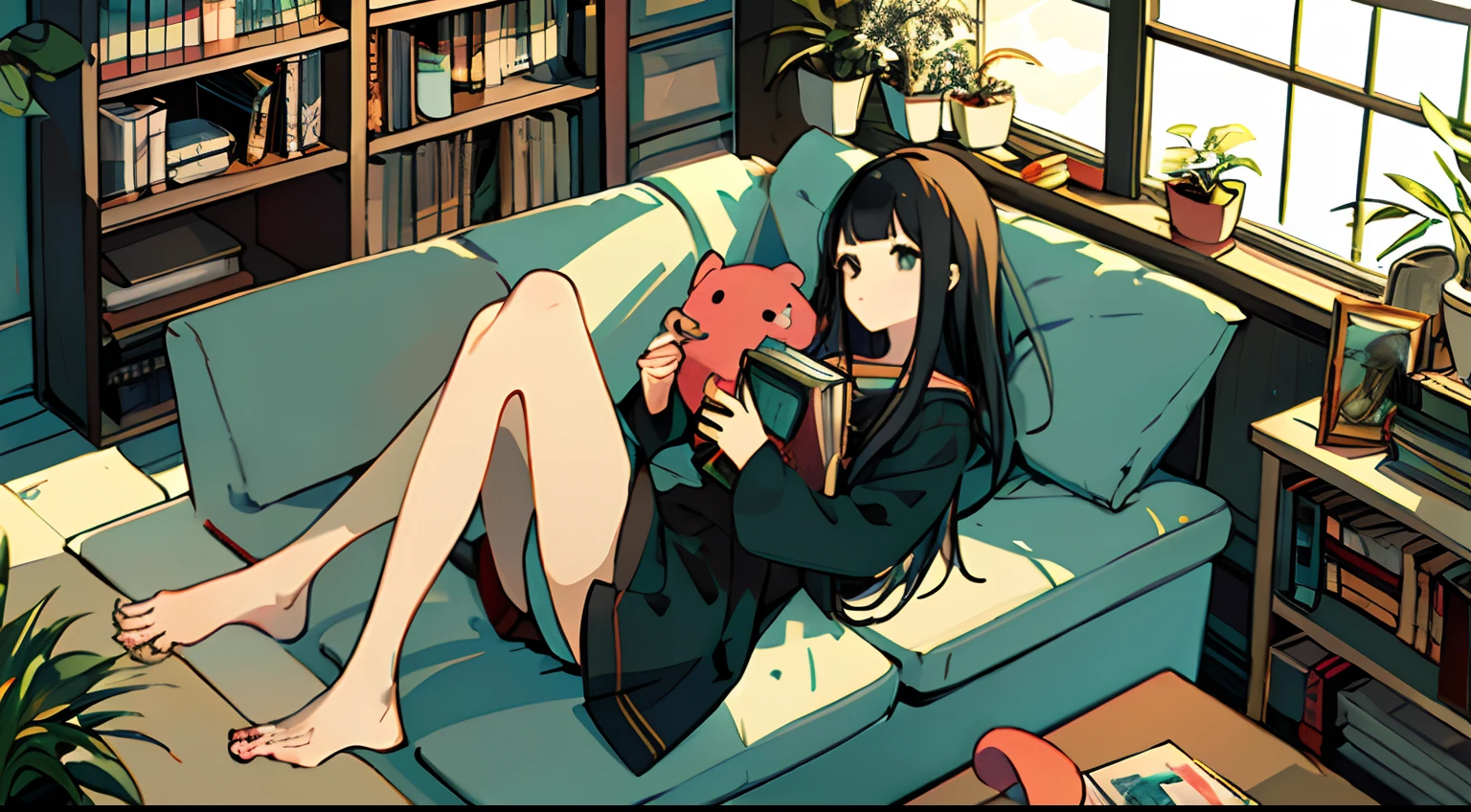 a girls, from above, plant, black hair, cat, lying, indoors, holding, long sleeves, long hair, stuffed toy, potted plant, book, food, window, phone, loaded interior, television, short hair, on back, stuffed animal, bangs, slippers, barefoot, sitting, bookshelf, shelf, cable, computer