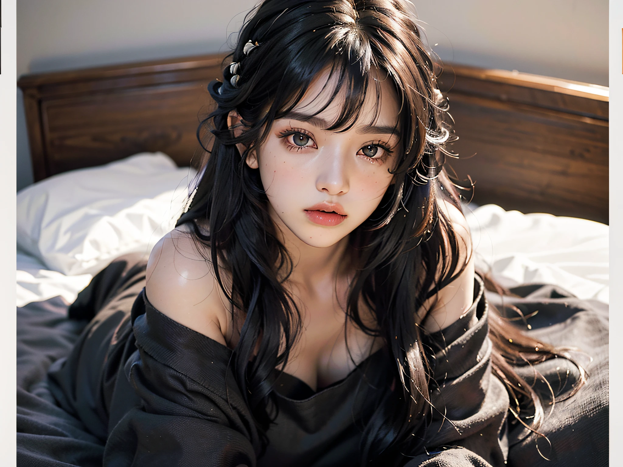 best quality, masterpiece, ultra high res, RAW, 8k, ultra-realistic, young girl, offshoulder, confused expression, very warm light, flawless skin, (black hair:1.4), (((bad hair:1.4))), (Bangs:1.2), ((in bed)), extremely beautiful eyes, (dark eyes:1.4), just woke up, wrapped in blanket, colorful bed