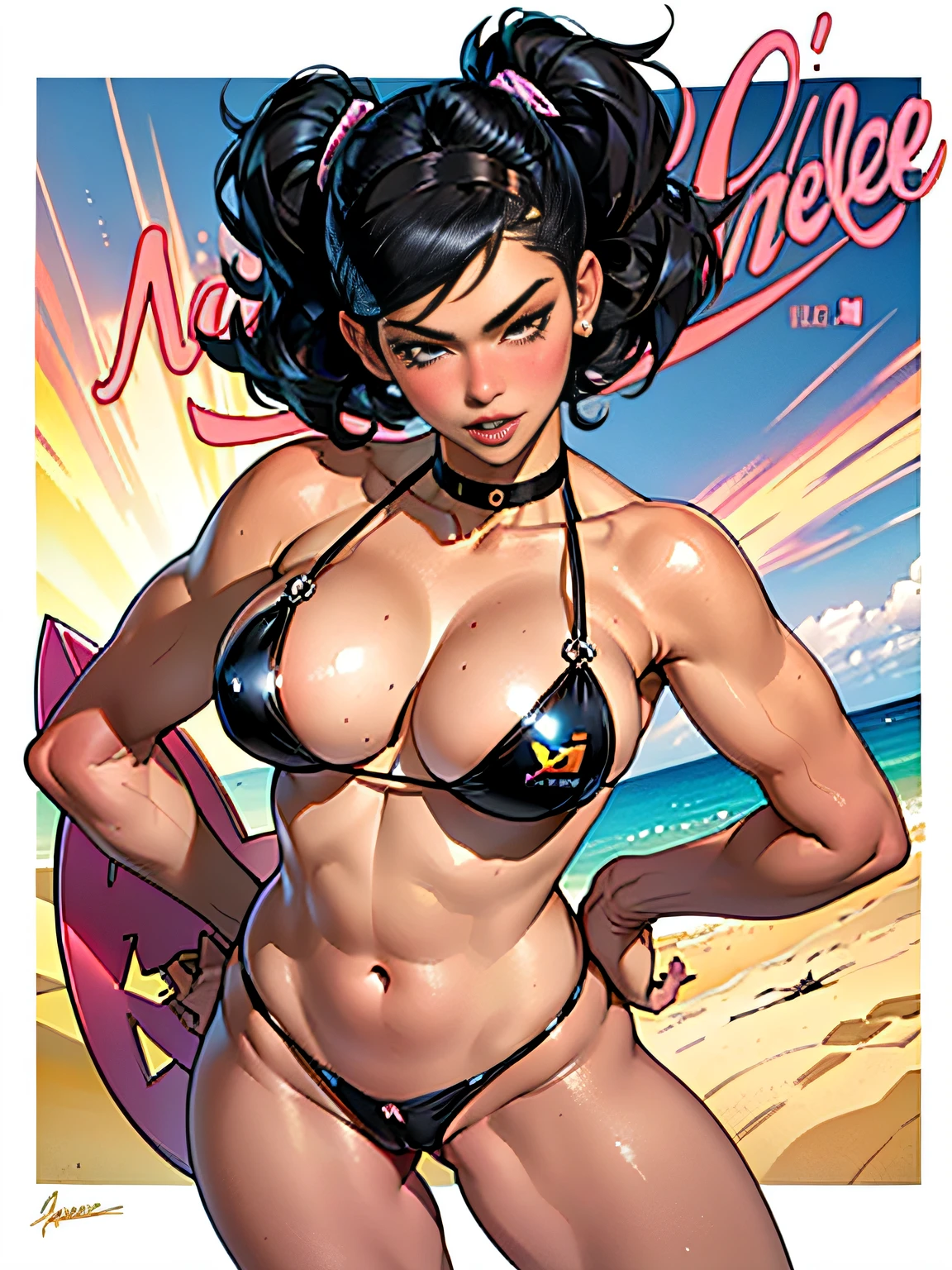 (high quality, best rendering), (beautiful girl), black hair, (bombshell, pin-up style), psychopath, crazy face, sexy pose, naked, pastel, centered, scale to fit dimensions, micro thong, micro bikini, camel toe