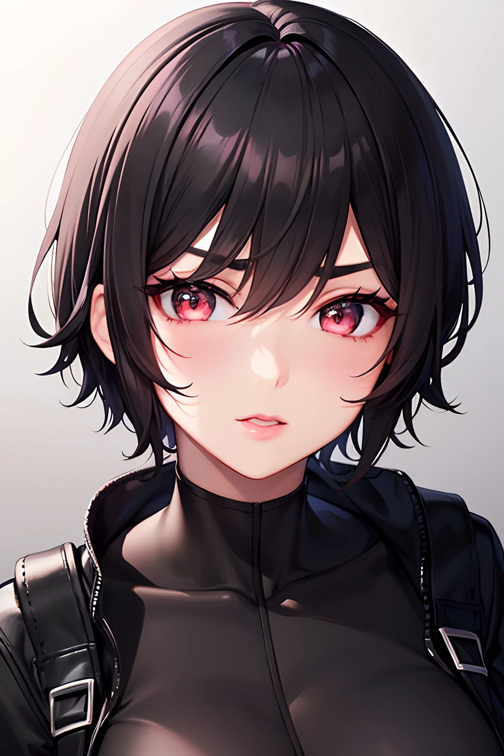 Perfect Face, Bright Short Cut Black Smooth Hair, Black Thick Eyebrows, Brown Eyes, Pink Rouge, Bright Black Thick Lips, Female Beautiful