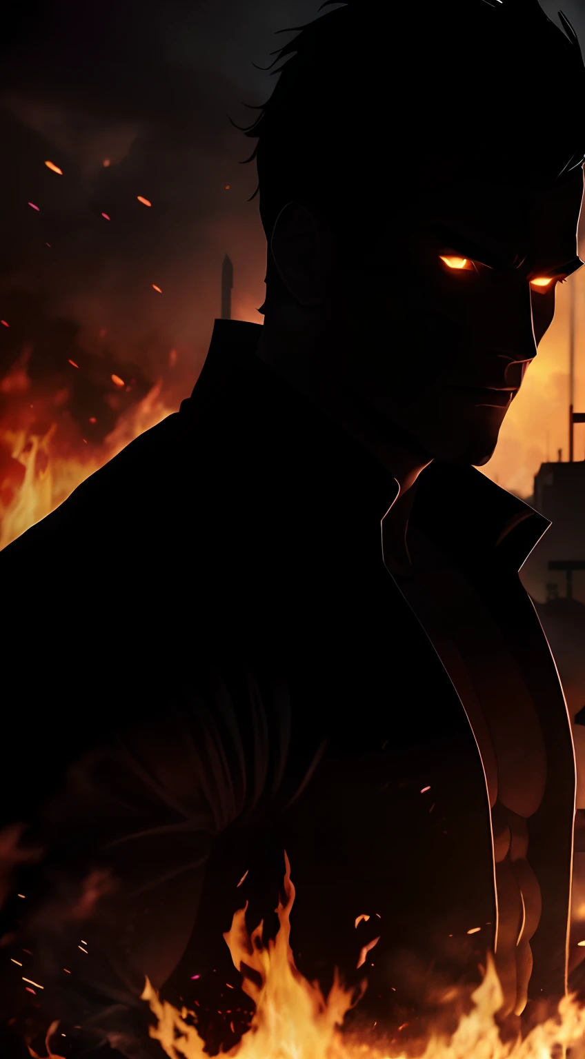 imaginar: closeup of a silhouette of a shirtless young villain, in black pants and black overcoat, his body imbued with fire and dark mist. Ao fundo, They have the destruction of a city and a dark black mist surrounding the place, Fire on the Ground.