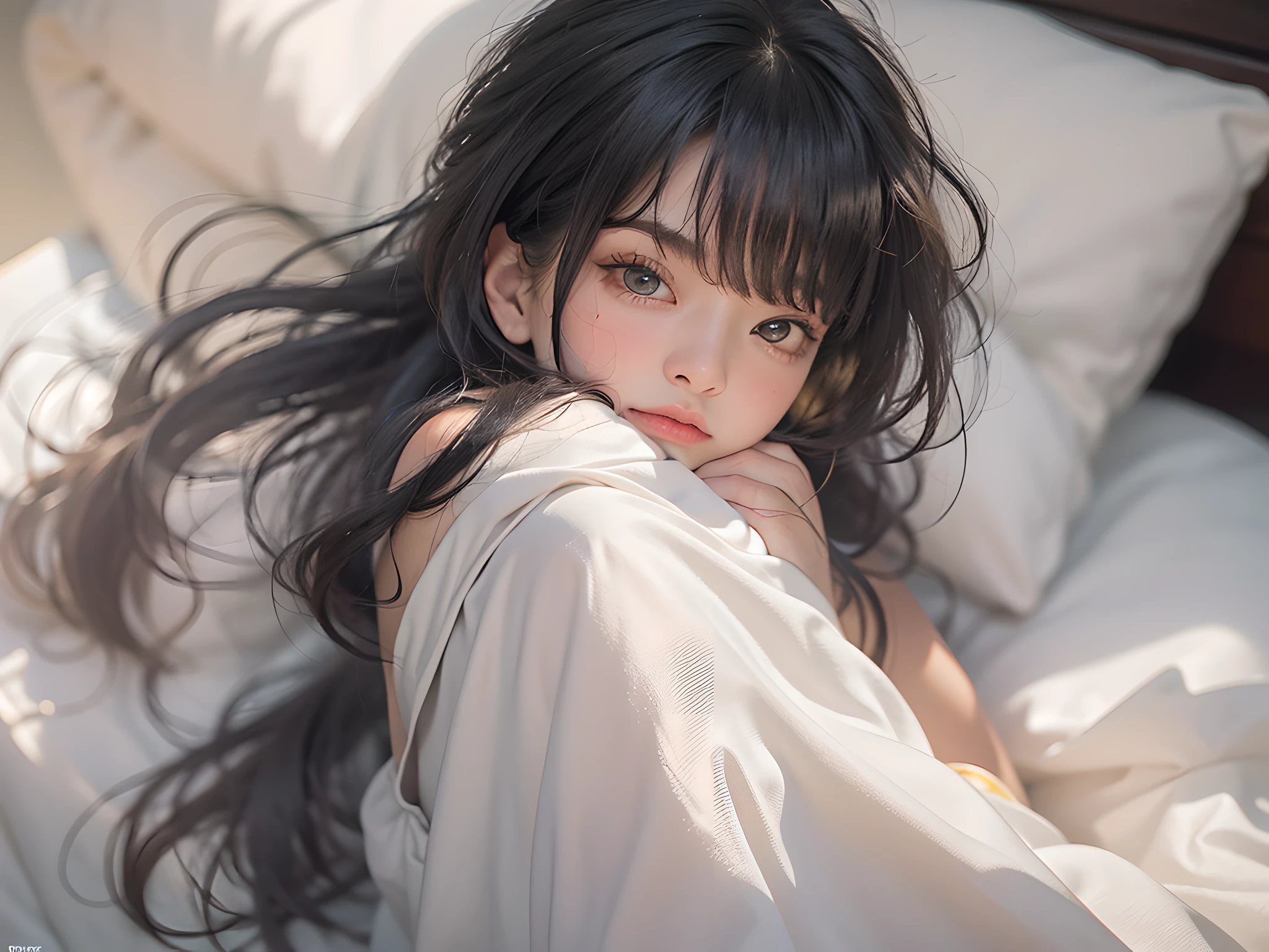 best quality, masterpiece, ultra high res, RAW, 8k, ultra-realistic, young girl, offshoulder, confused expression, very warm light, flawless skin, (black hair:1.4), (((bad hair:1.4))), (Bangs:1.2), ((in bed)), extremely beautiful eyes, (dark eyes:1.4), just woke up, wrapped in blanket, colorful bed
