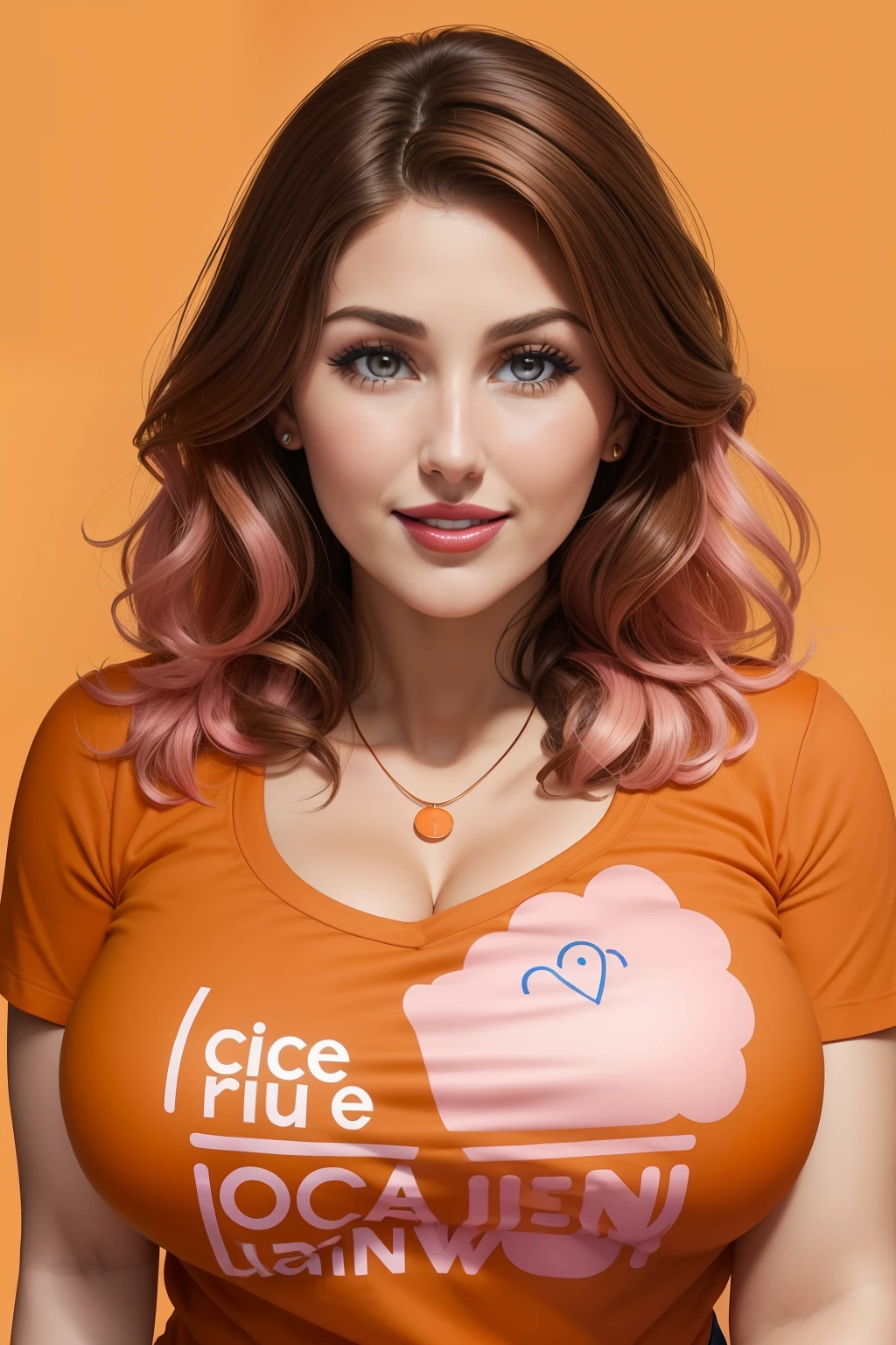 Lucy Pinder, Face portrait, face, neckline, ((pink lipstick)), smiling, wavy hair, brown hair, short hair, short-sleeved t-shirt, ((orange t-shirt)), ((blue apron)) necklace, very woman chubby girl
