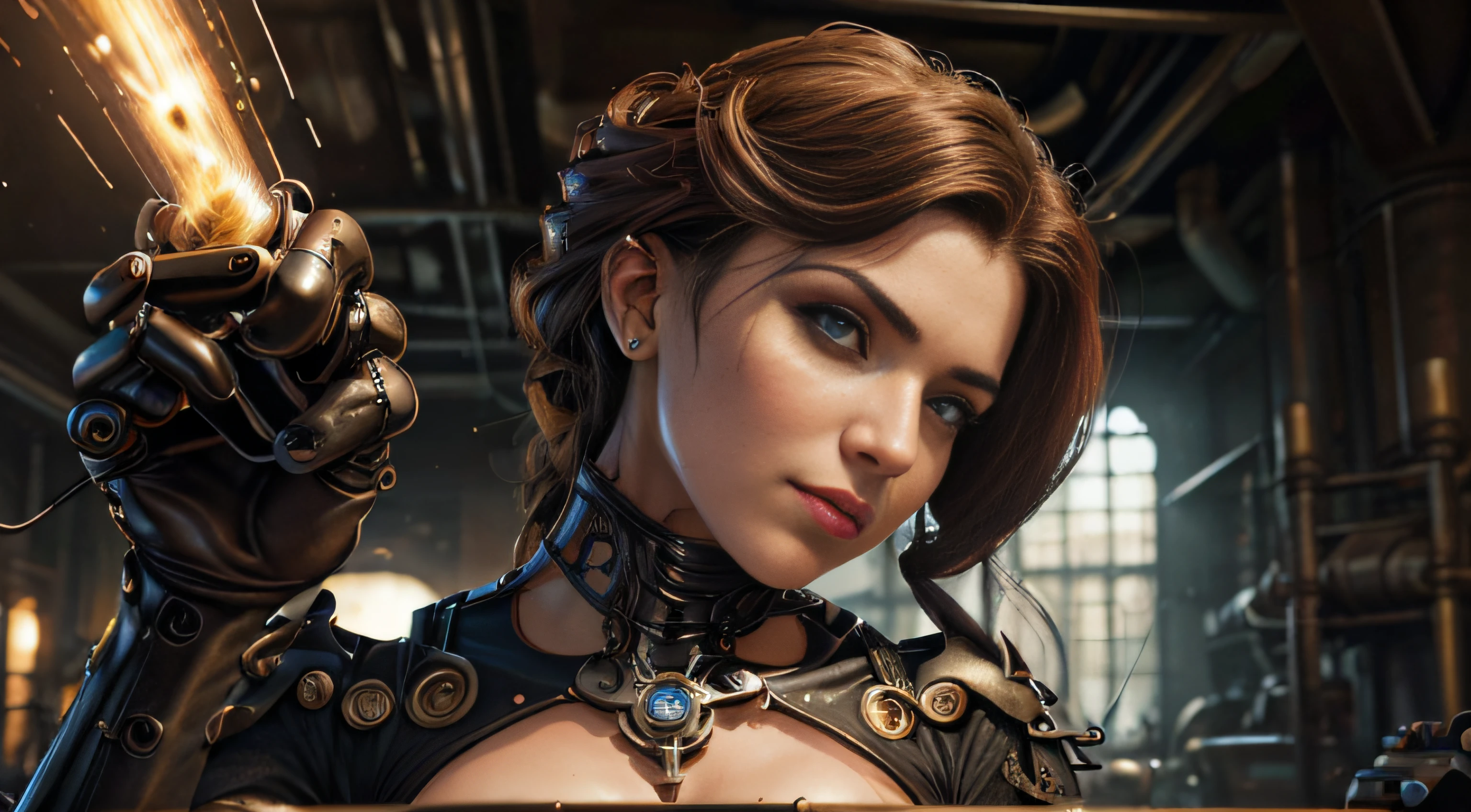 fotografia crua, ultra-detalhado fotorrealista, Lady Mechanic, lindo rosto de androide feminino, olhar interrogativo, sorriso malicioso, ciborgue, robotic parts, detalhes vibrantes, steampunk luxuoso, hiper-realista, anatomic, elegante, Estilo HR Giger, Estilo Joe Benitez, 8k, melhor qualidade, obra prima, extremamente delicado e lindo, extremamente detalhado, (realista, fotorrealista:1.37), incrivelmente absurdos, Roboto, corpo inteiro, sentado, real anatomical hand, 5 dedos, Lady Mechanic, criada por Joe Benitez, is a comic book character who combines elements of science fiction and Victorian aesthetics in a steampunk world. She's a mystery, mulher cativante com cabelos brancos, known for its imposing and elegant presence. Lady Mechanic has body parts replaced by expertly integrated mechanical implants, giving you a unique and distinctive look. Seus olhos, Por exemplo, can be replaced by intricate mechanical lenses, and parts of its limbs are composed of gears and metal. Ela veste roupas que misturam o estilo da era vitoriana com elementos de alta tecnologia, like bodices adorned with gears and long dresses with metallic details. Lady Mechanic is also often depicted carrying specialized weapons or tools that complement her ability to solve mysteries and face challenges in a steam-powered world. His posture is confident and determined, reflecting the courage and determination that make her such a captivating character.analogue style, Modelo estilo de tiro, RAW retrato de uma 1girl fitness, ((beautiful face: 1.7, rosto perfeito:1.3)), (de cima:1.2), melhor qualidade, epics (por Lee Jeffries foto, Sony A7, 50 millimeters, cores, hiperdetalhado:1.5, filmic grain:1.4, hiper-realista: 1.5), textura realista hiper-realista, master part, Motor Unreal 5, extremamente detalhado CG unidade 8k papel de parede, olhos realistas, olhos azuis, Foto loucamente detalhada, (Ecstasy of Light