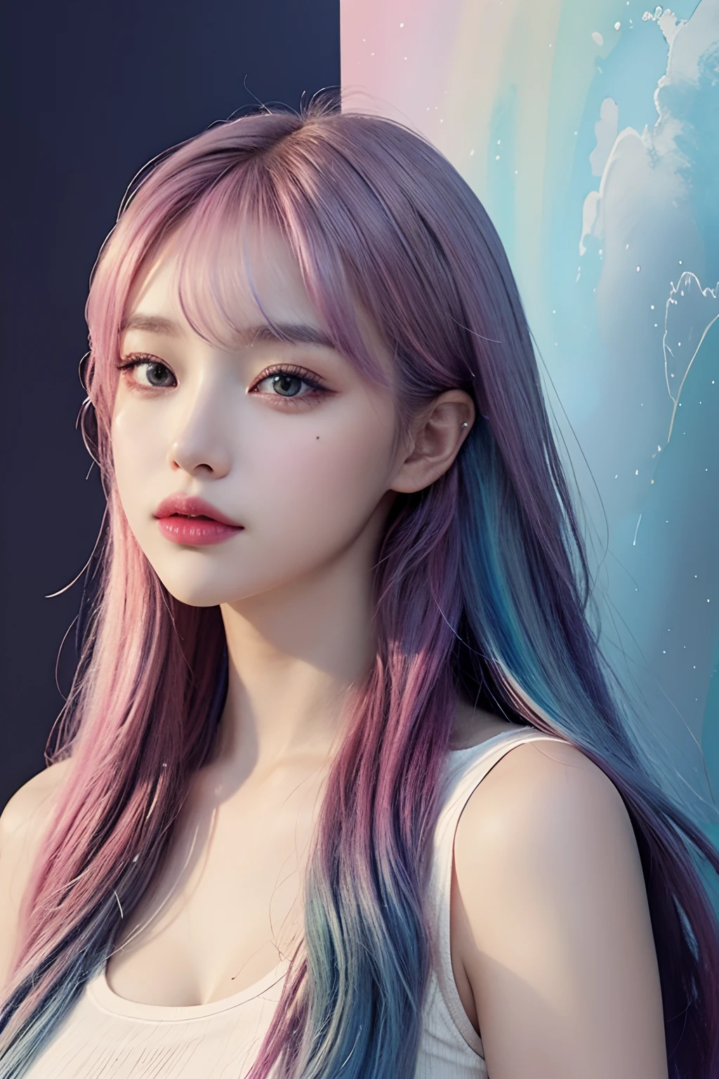 (masutepiece, of the highest quality, Best Quality, watercolor paiting (Medium), Official art, Beauty and aesthetics: 1.2), (1girl in: 1.3), (Fractal Art: 1.3), Watch the viewer from the side, Pattern, (rainbow hair, Colored hair, Half blue and half pink hair: 1.2), Water, Liquid, Clouds, Colorful, starrysky, Stars,