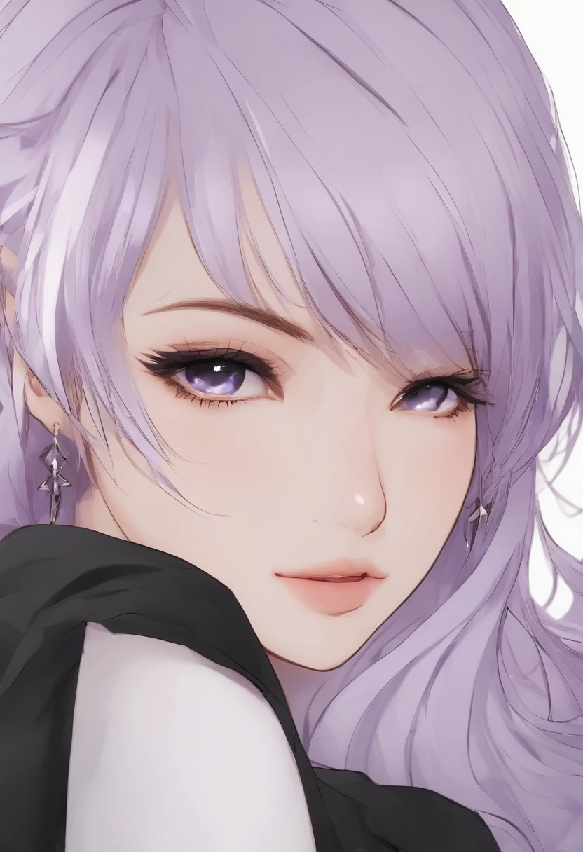 Estilo anime; 1woman; 20 anos; retrato de uma mulher elfa; cabelo roxo longo; olhos pretos; roupas pretas; close-up rosto; expression serious, cabelo longo roxo; fundo branco simples; estilo anime; roupas pretas; vestimentas de cor preta; retrato de uma mulher; 1young woman; estilo anime; anime style