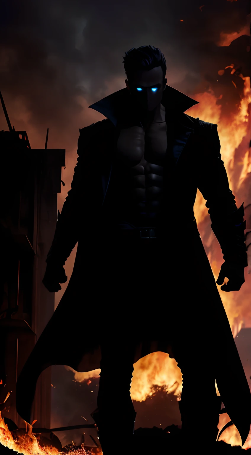 imaginar: closeup of a silhouette of a shirtless young villain, in black pants and black overcoat, his body imbued with fire and dark mist. Ao fundo, They have the destruction of a city and a dark black mist surrounding the place, Fire on the Ground.