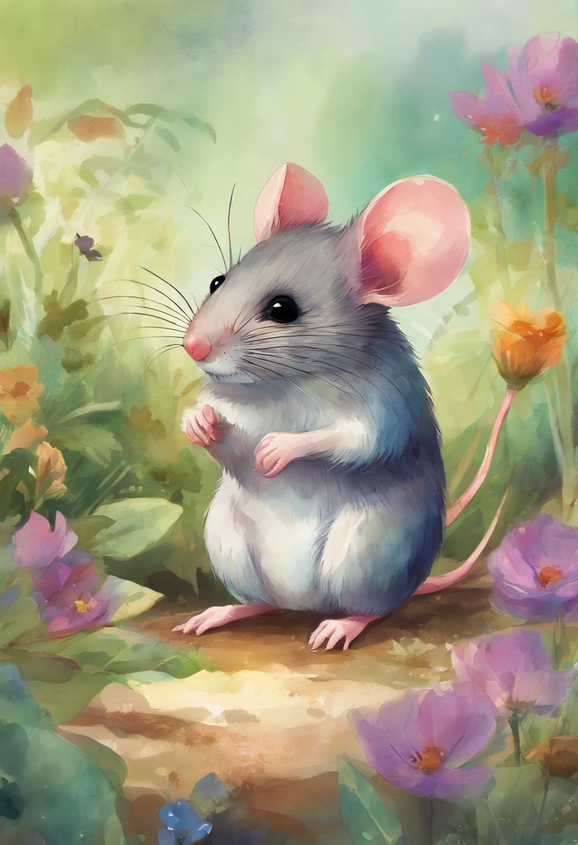 A cute little mouse painting in a garden, watercolor illustrations, vibrant colors, realistic details, delicate strokes, soft lighting, whimsical and playful, fine texture, adorable expression, intricate patterns, natural surroundings, with a touch of fantasy. (best quality, realistic:1.37), watercolor illustrations, vibrant colors, delicate strokes, soft lighting, whimsical and playful, adorable expression, intricate patterns, natural surroundings, touch of fantasy