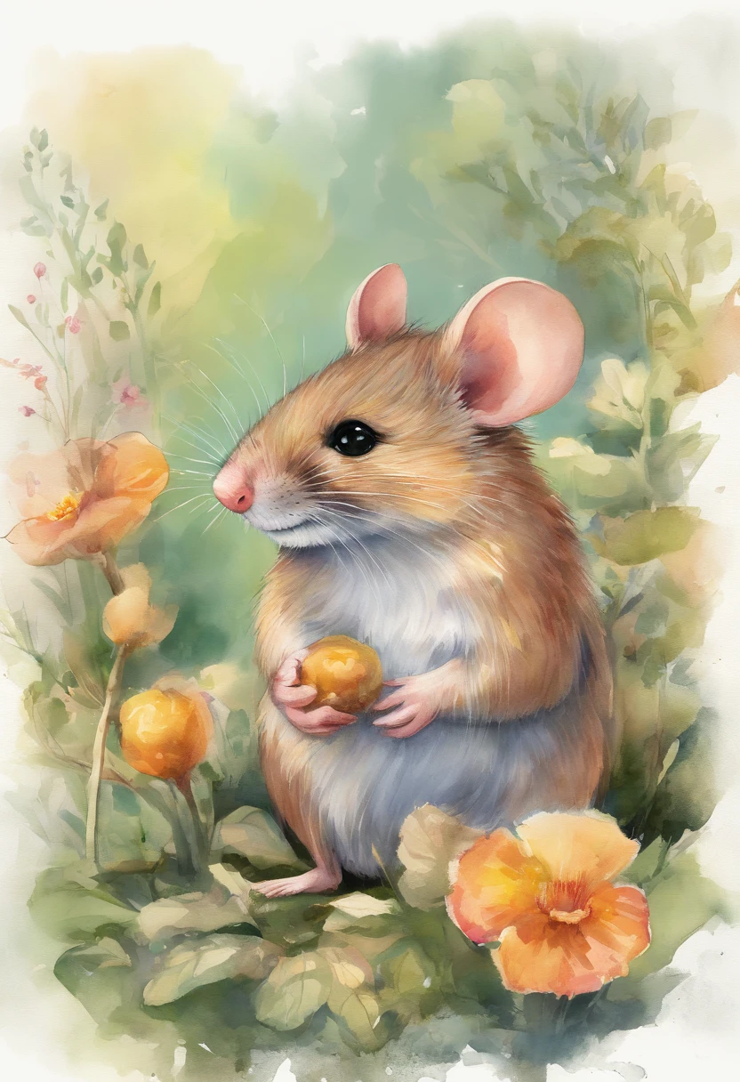 A cute little mouse painting in a garden, watercolor illustrations, vibrant colors, realistic details, delicate strokes, soft lighting, whimsical and playful, fine texture, adorable expression, intricate patterns, natural surroundings, with a touch of fantasy. (best quality, realistic:1.37), watercolor illustrations, vibrant colors, delicate strokes, soft lighting, whimsical and playful, adorable expression, intricate patterns, natural surroundings, touch of fantasy