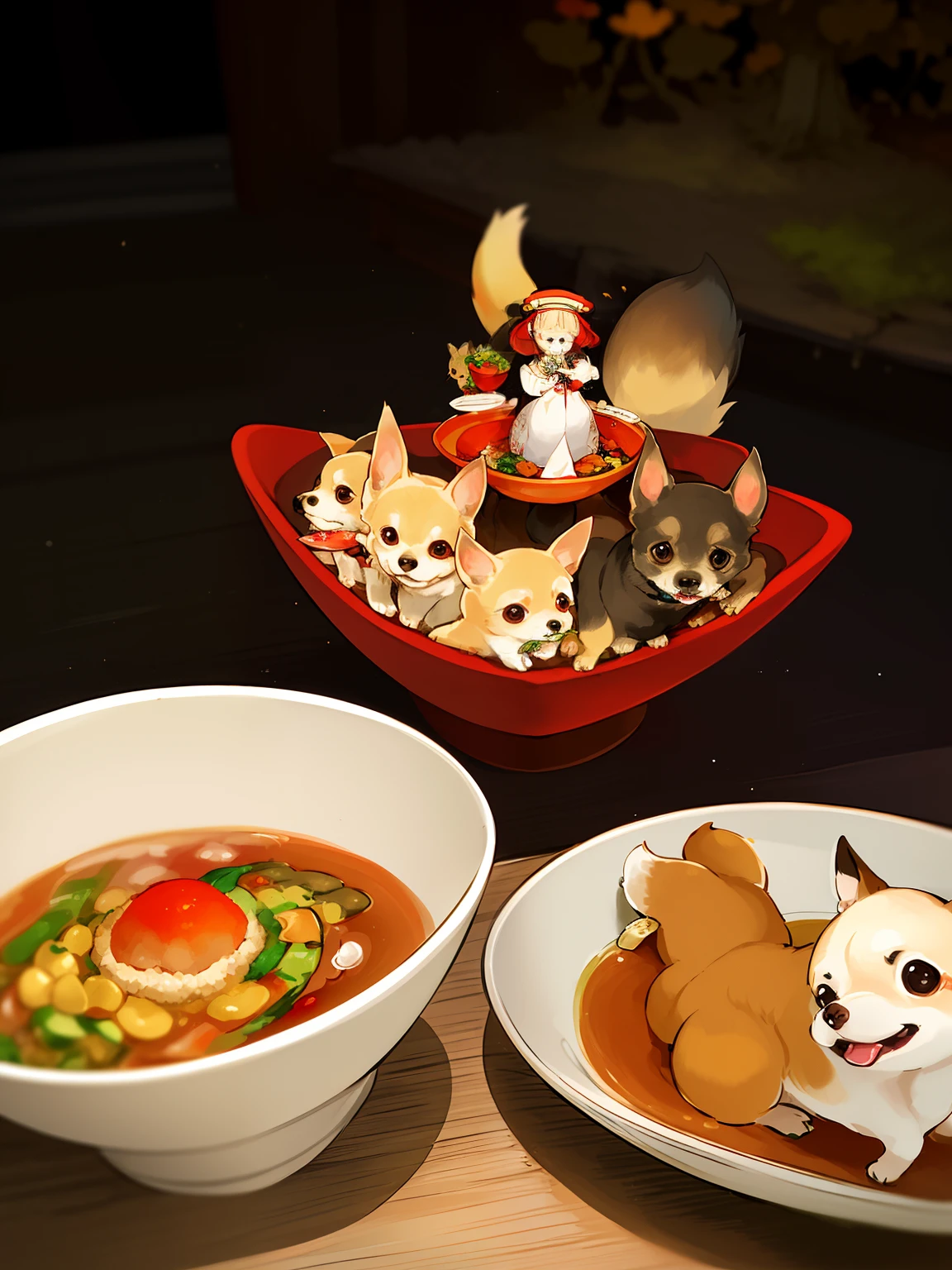 A small Chihuahua dog is being held, ginko showing a new mushi, closeup at the food, by Emma Andijewska, dinner is served, japanese dog, shrine maiden, ohwx, offering a plate of food, [ photos realistic ]!!, ❤🔥🍄🌪, by Nishida Shun'ei, Chihuahua、