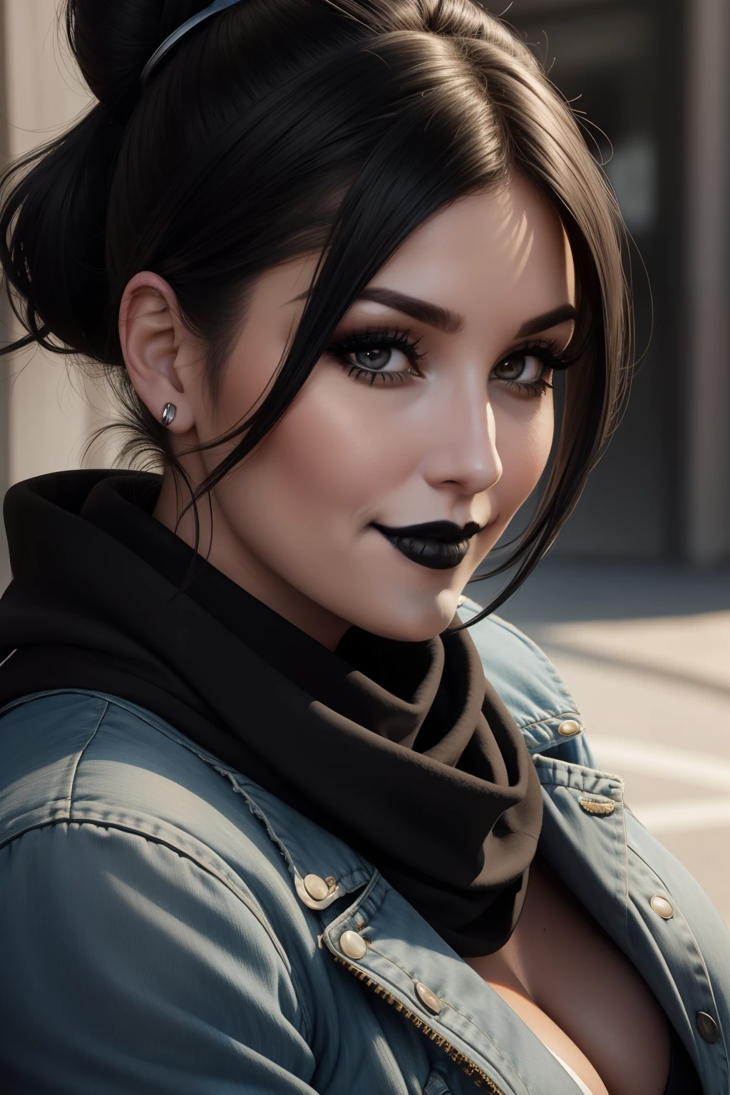 Lucy Pinder, Face portrait, face, neckline, ((black lipstick)), smiling, straight hair, black hair, short hair, short ponytail, bun, jean jacket, black scarf very chubby woman
